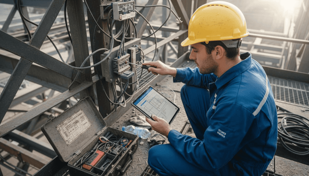 Un tecnico verifica il funzionamento dei sensori intelligenti tra le attrezzature presenti in cantiere.