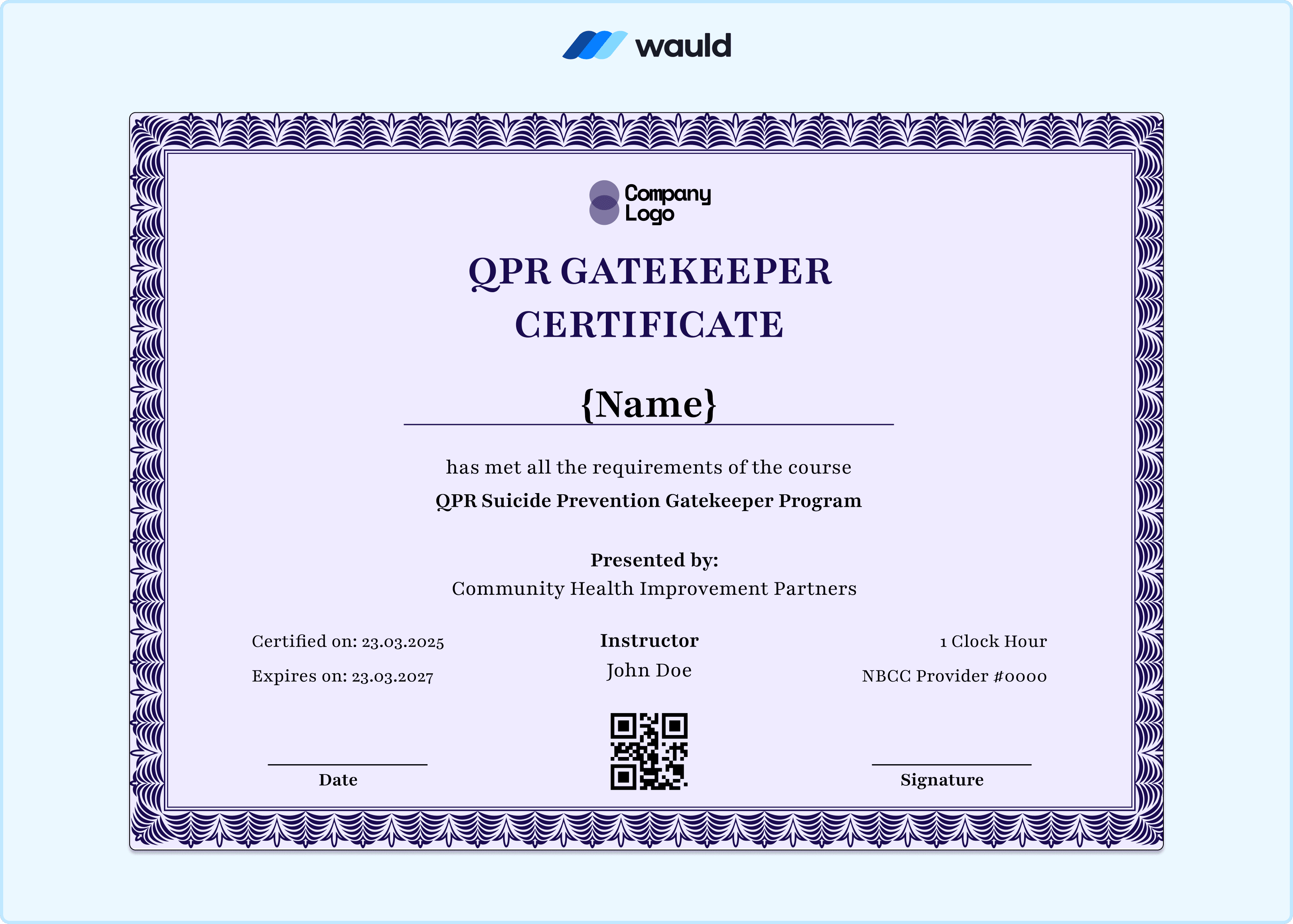 Bold purple QPR Gatekeeper training certificate template with clean white layout, recipient name field, instructor credentials, Community Health Improvement Partners details, certified date, expiry date, NBCC Provider number, and QR code