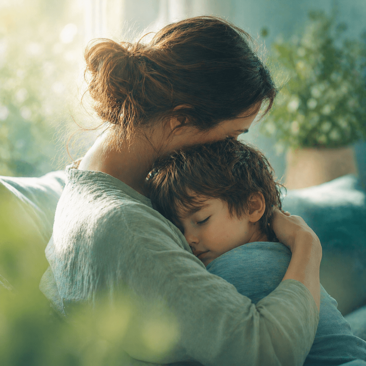 Parent holding calm child in warm embrace, showing emotional safety and release at home environment