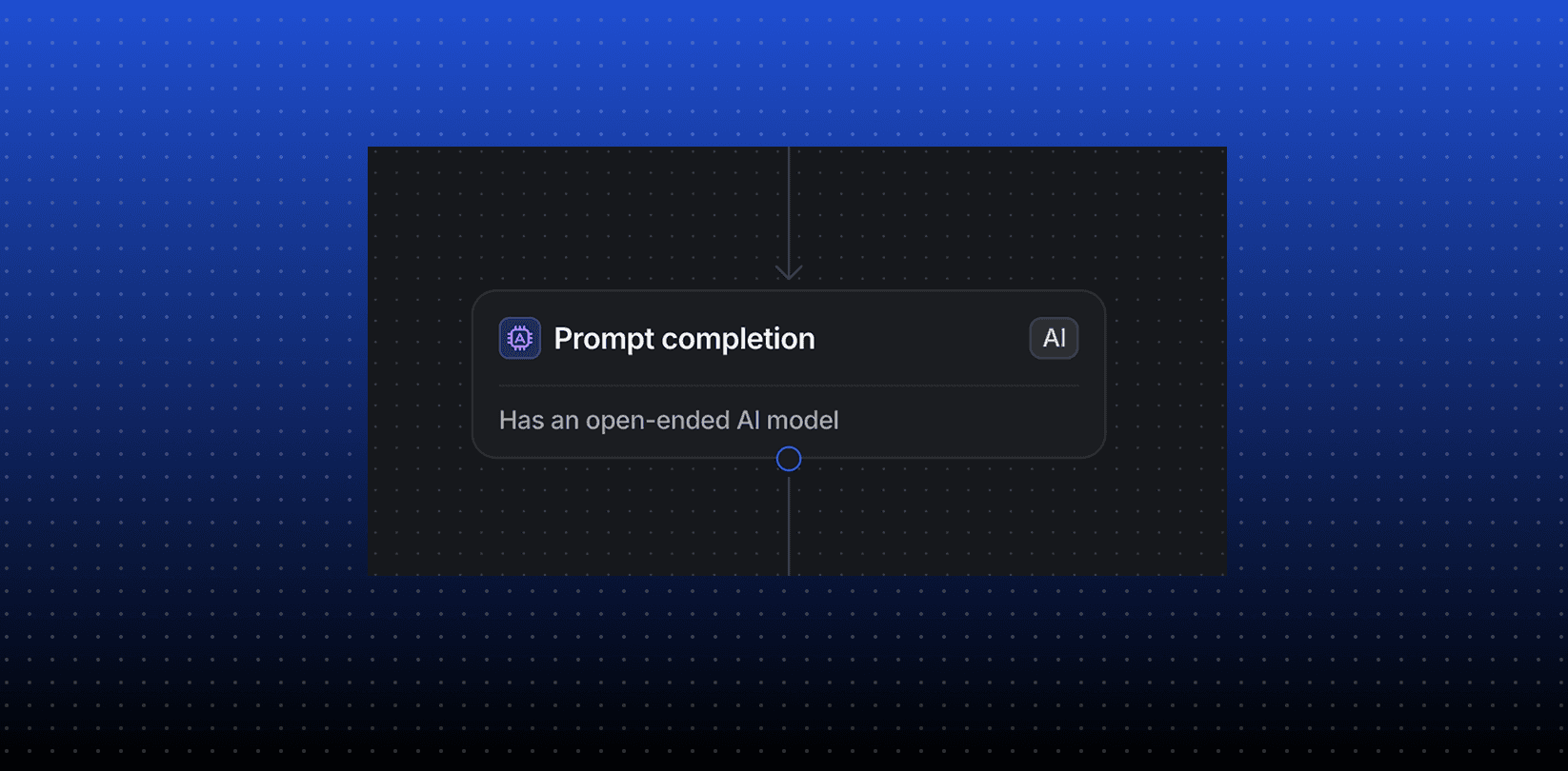 Workflow block titled ‘Prompt completion’ (AI) with subtitle ‘Has an open-ended AI model’ on a dark grid.