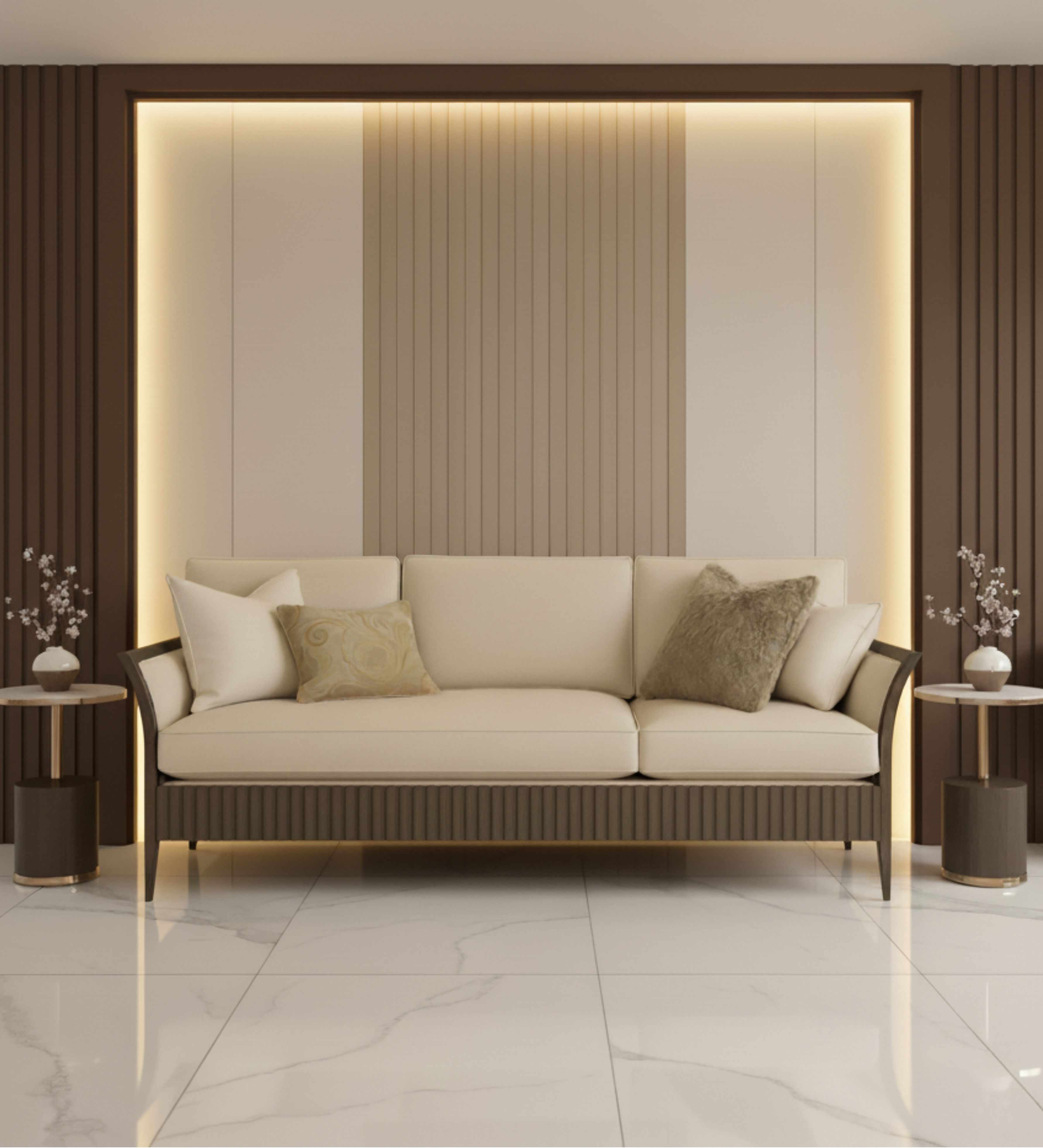 A softly structured three‑seater featuring relaxed cushions and a calm, symmetrical presence.