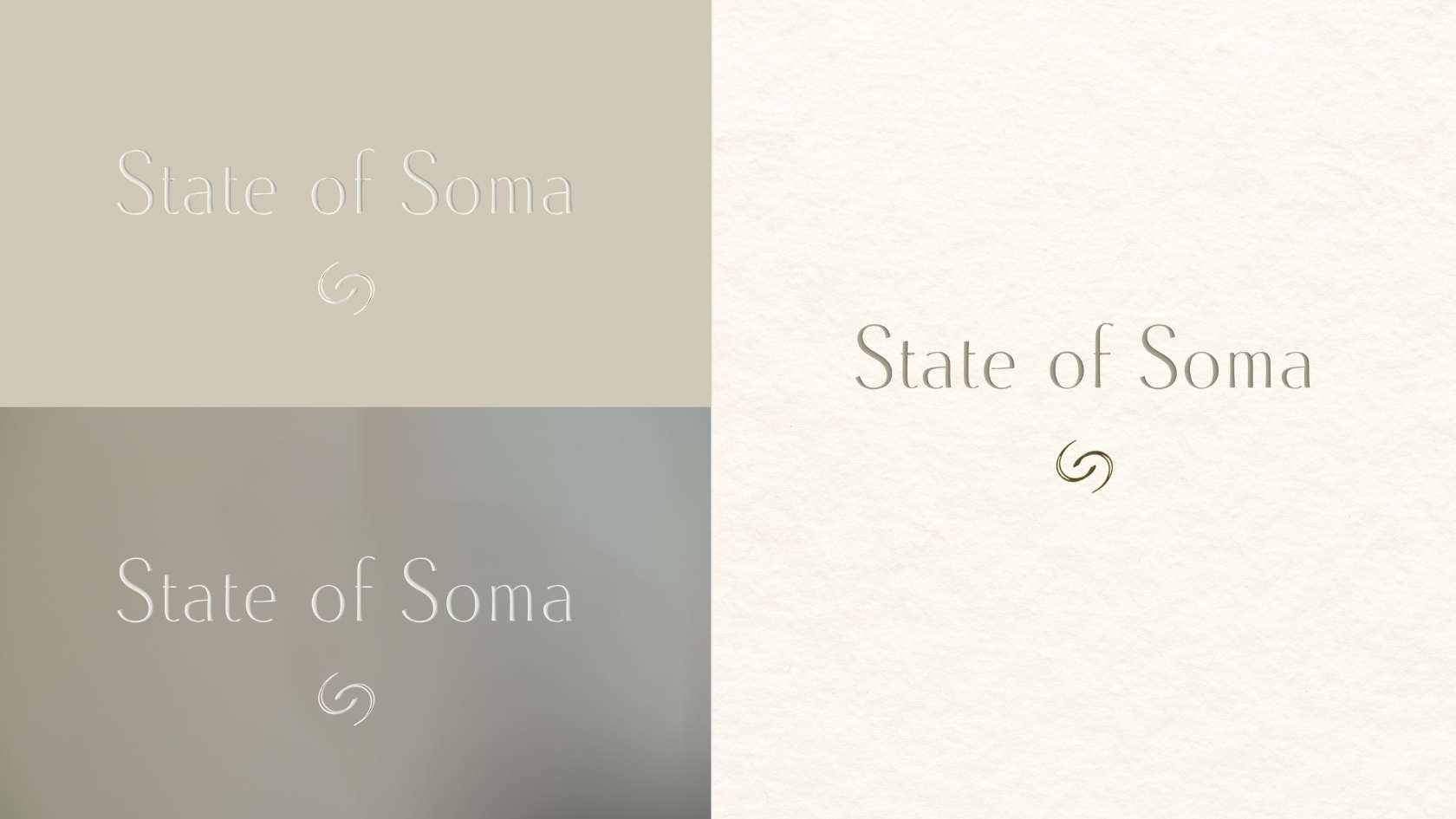 State of Soma logo variations displayed on organic textured backgrounds highlighting the brand’s earthy visual identity.