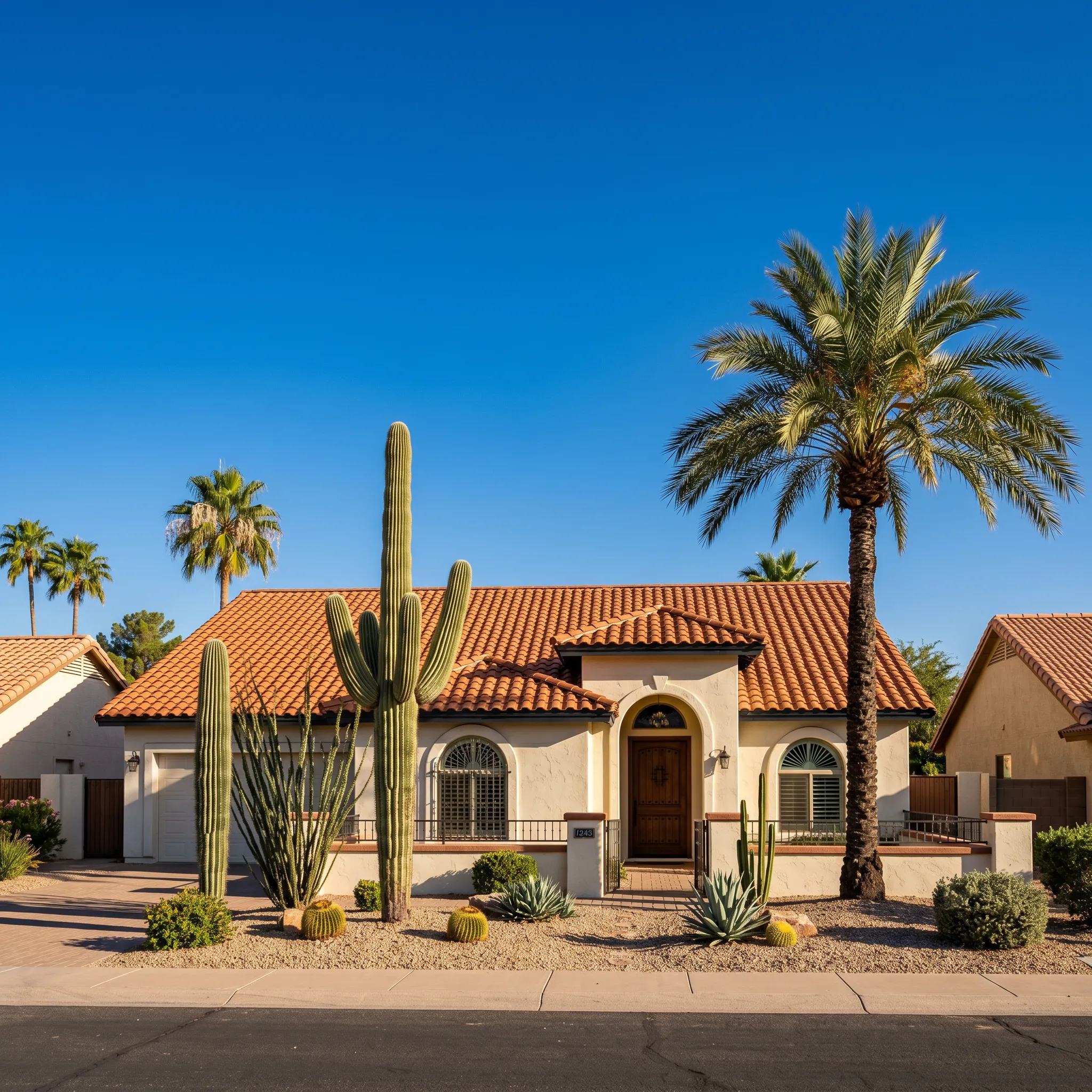 Modern desert-style luxury home with palm trees, cacti, and a tiled roof under a bright blue sky.