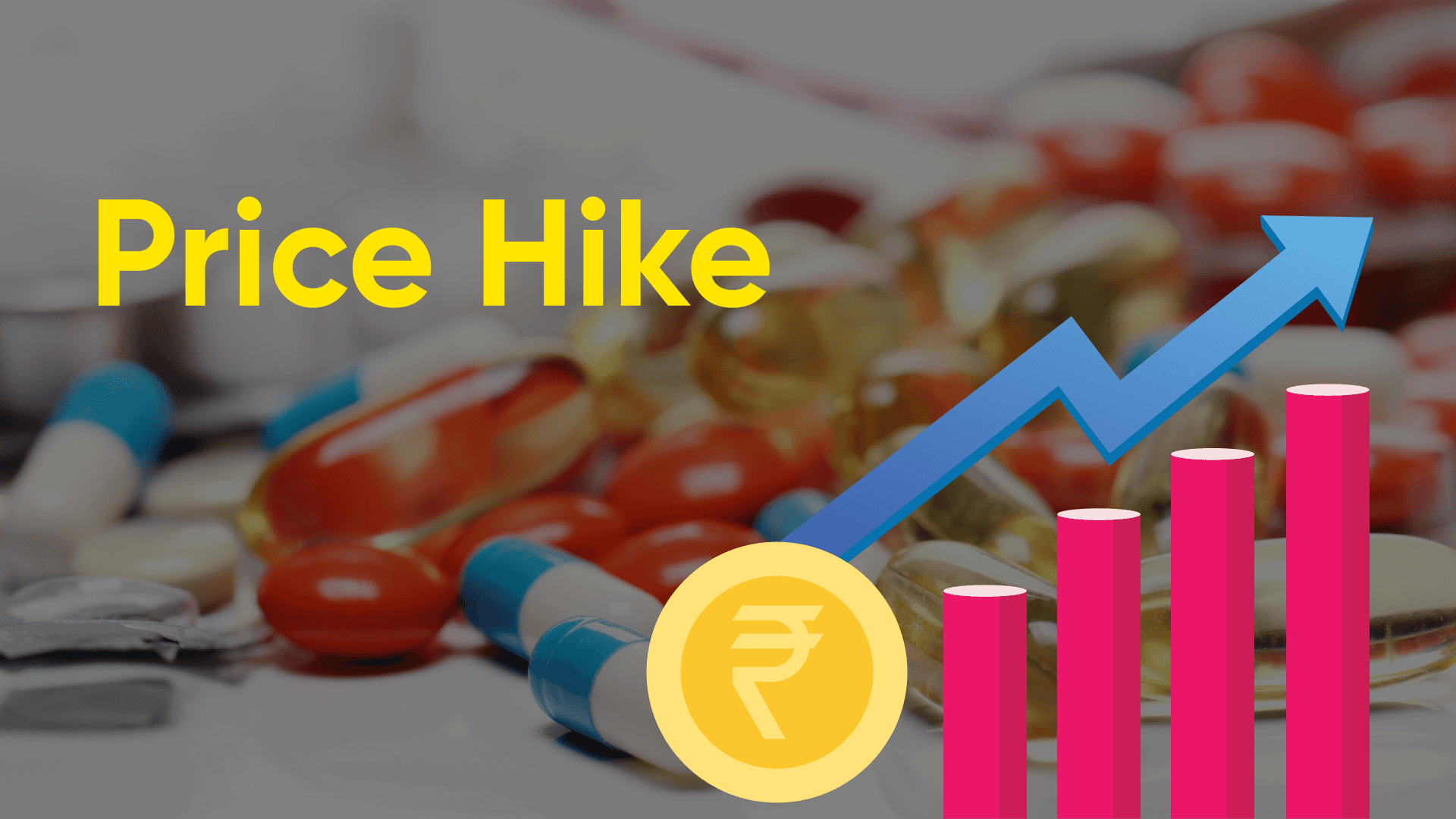 Graph depicting rising medicine prices in India with pills in the background.