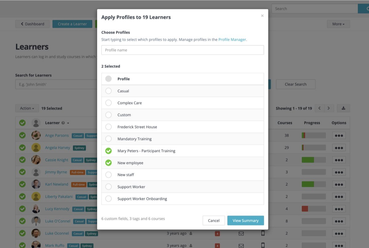 Applying a role profile to a staff member in Wyzed, with their modules assigned automatically.