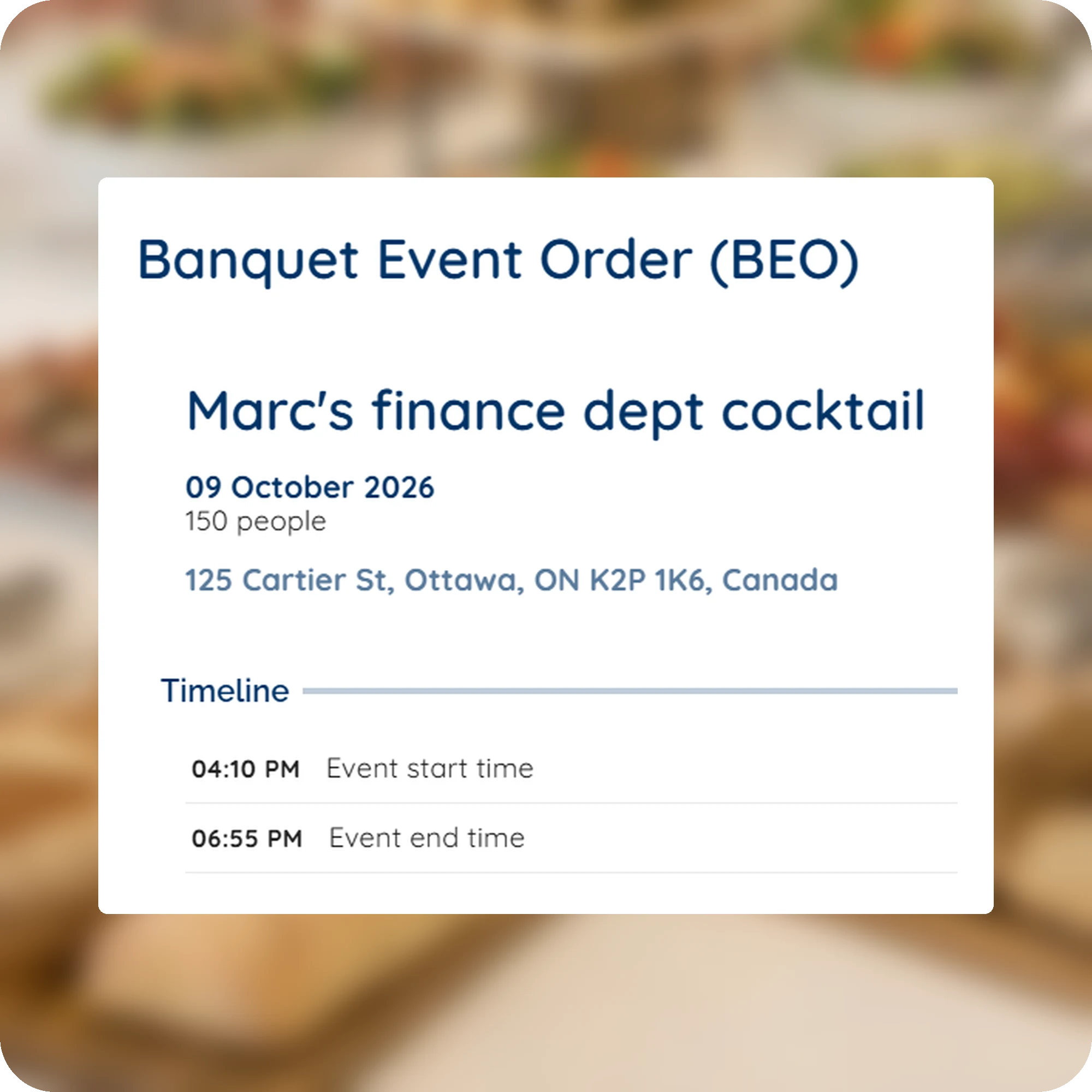 Banquet event order (BEO) in Rally Catering for a corporate event, with the event details, timeline, and export and print buttons