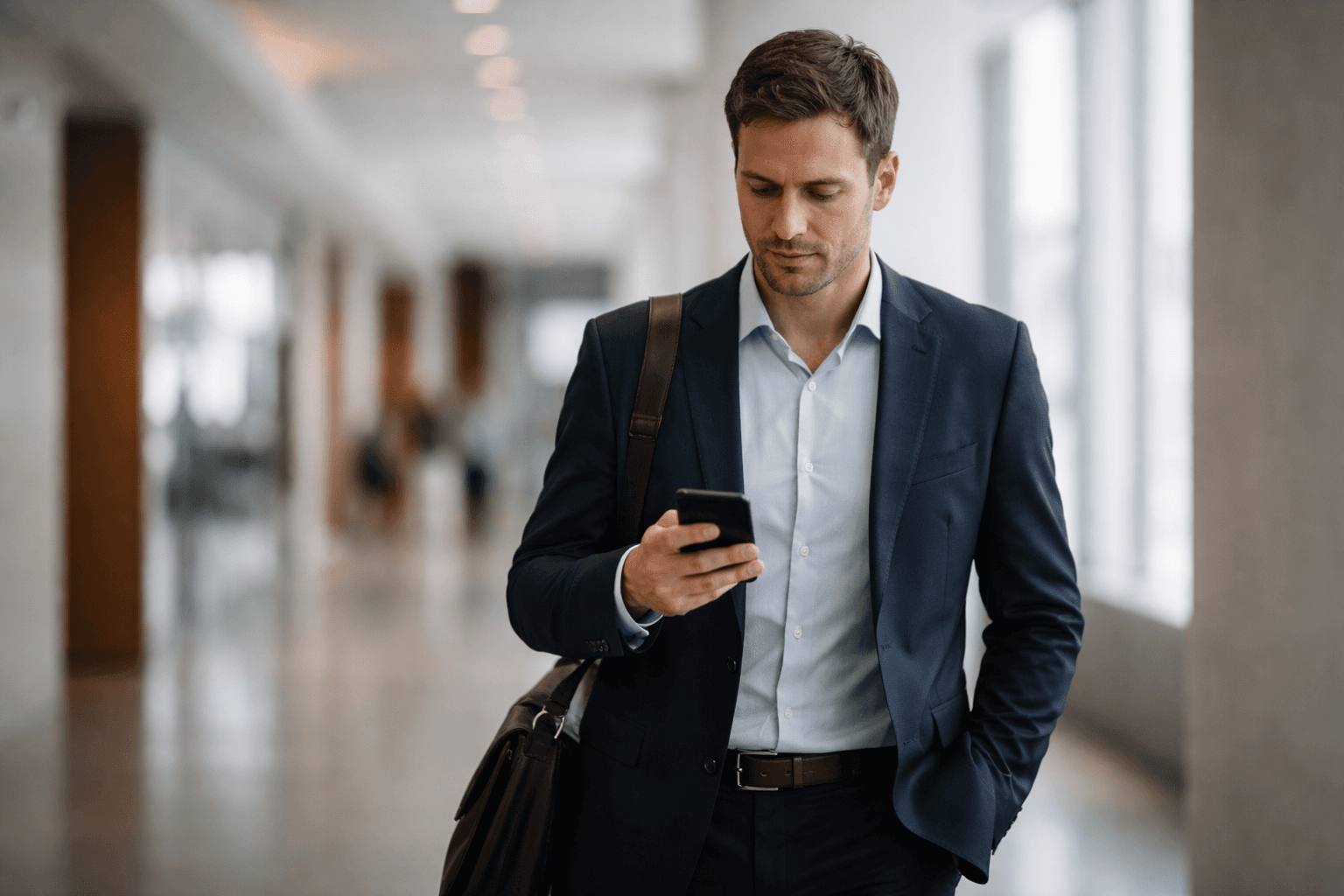Man in business attire checking his phone