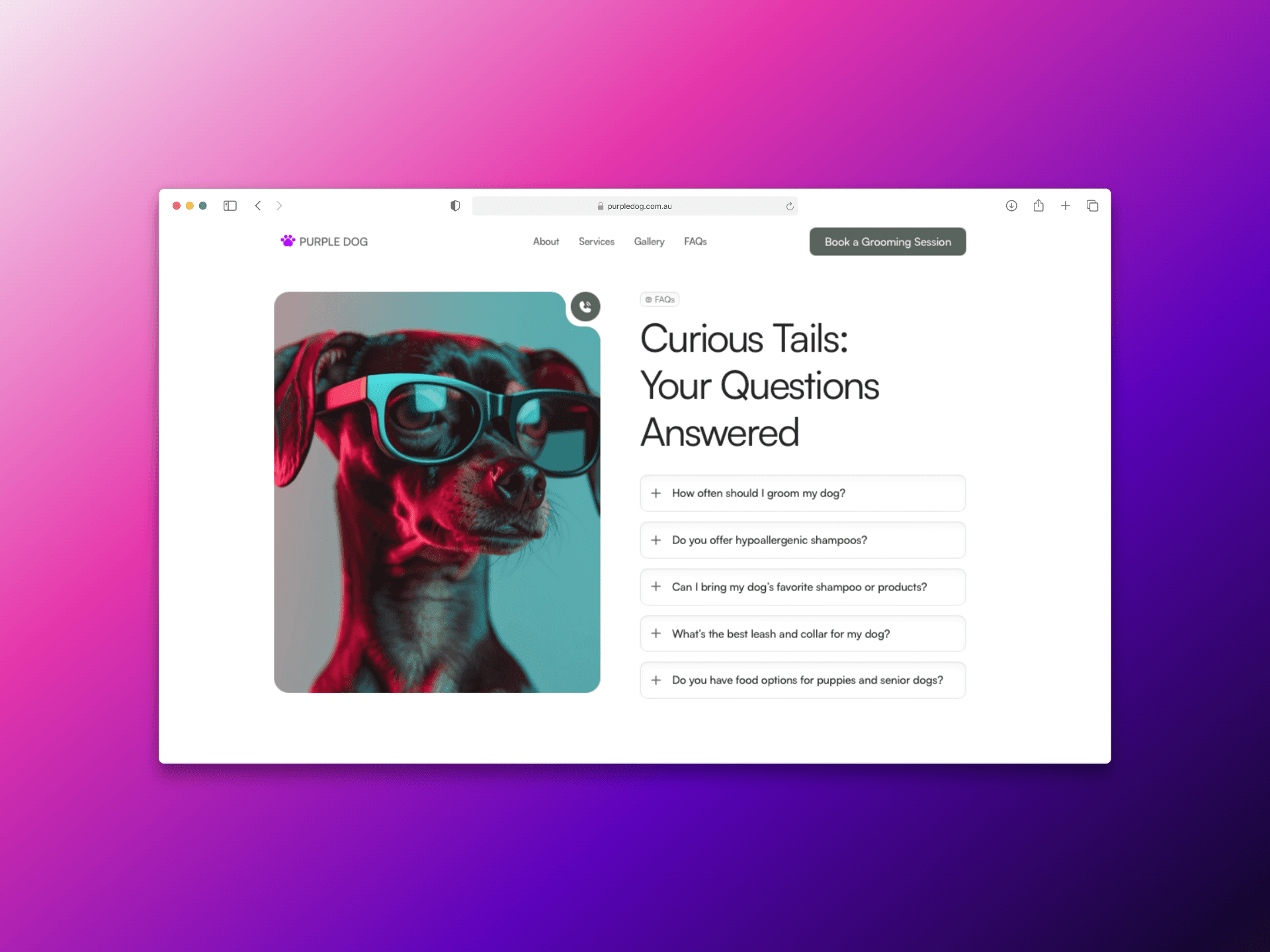 Three mobile phones displaying different colourful pages of the Purple Dog website, featuring playful pet imagery and bold UI.