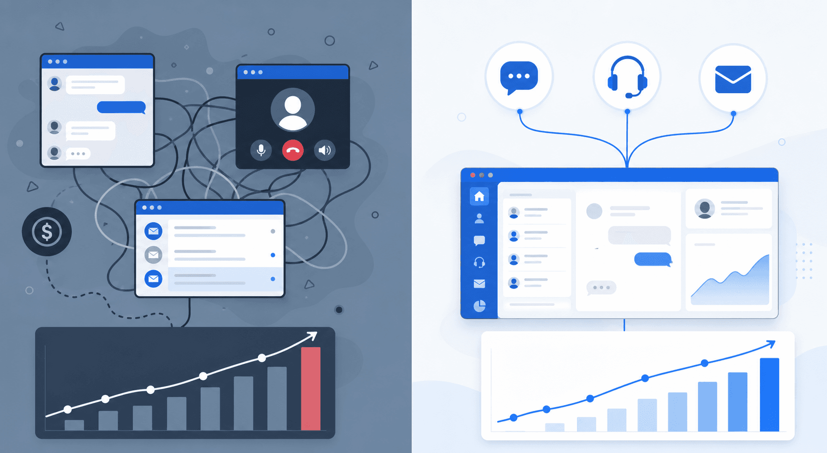 A split-screen illustration showing two contrasting support operations: on the left, a chaotic setup with disconnected screens showing separate chat, voice, and email channels with tangled lines between them and a rising cost graph; on the right, a clean unified dashboard with three channels flowing seamlessly into one central hub with a smooth upward resolution curve. Modern flat design, blue and white color palette, no text or labels anywhere.