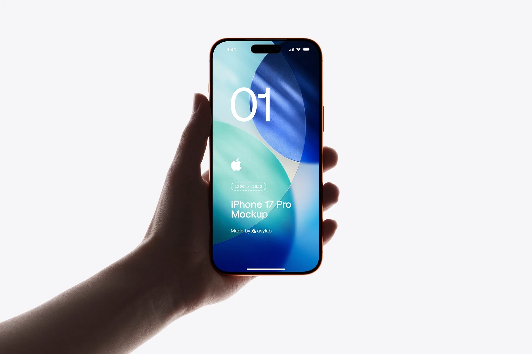 Hand holding a blue iPhone 17 Pro mockup featuring iOS 26 wallpaper on a bright white background.