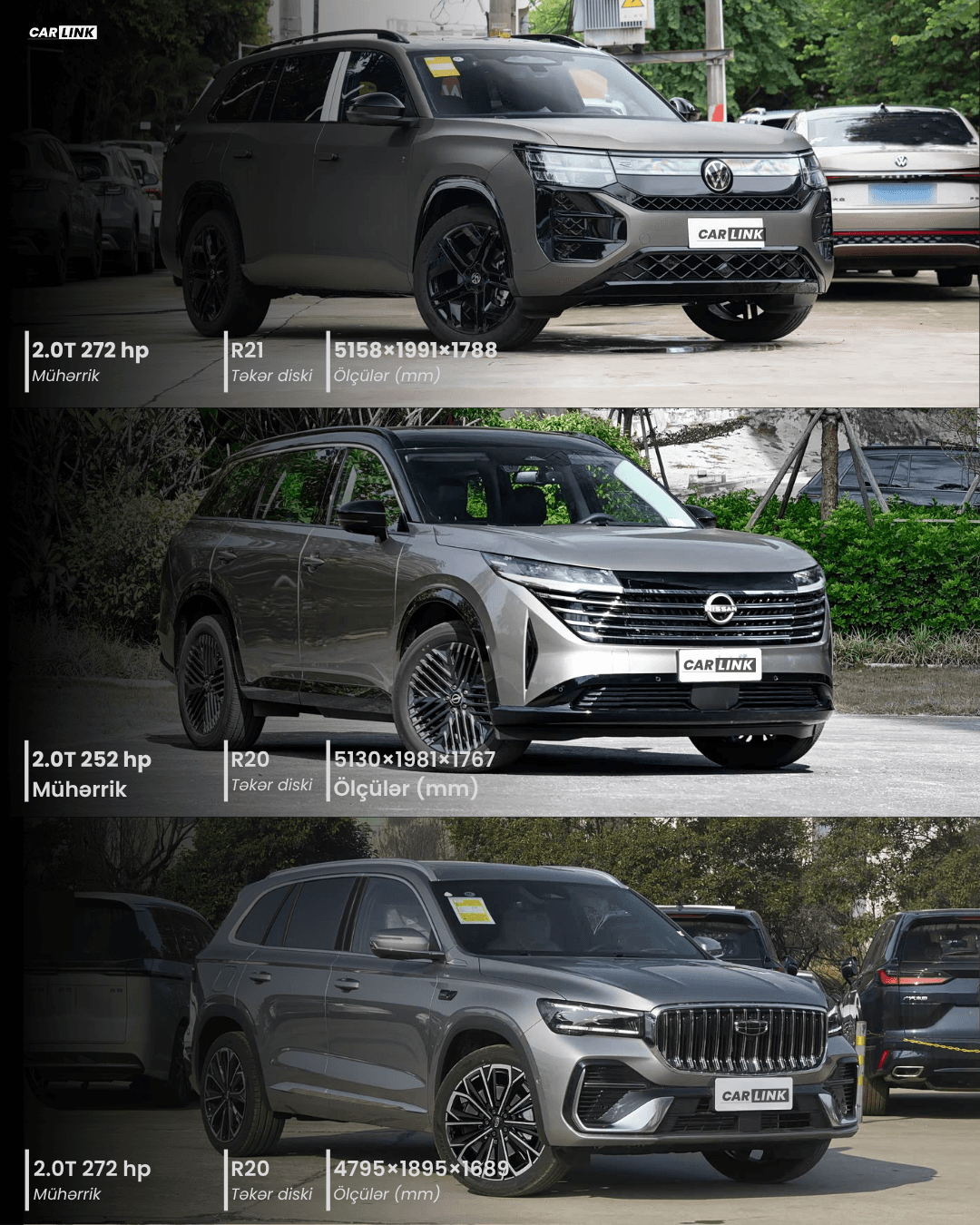 Volkswagen Teramont, Nissan Pathfinder və Geely Monjaro modellərinin texniki göstəricilərinin müqayisəsi