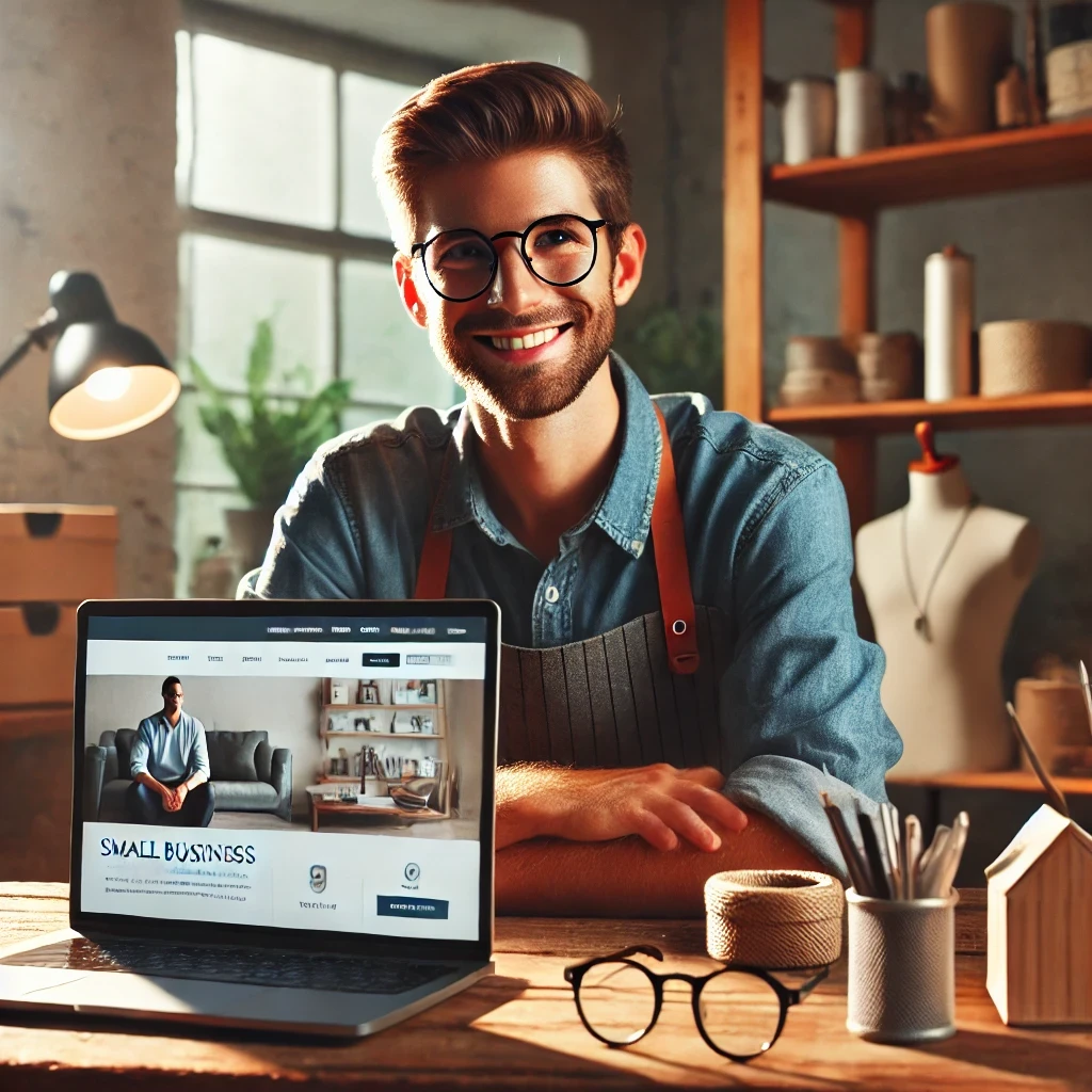 A small business owner sitting at their desk, smiling confidently while looking at a sleek and professional landing page displayed on a laptop.