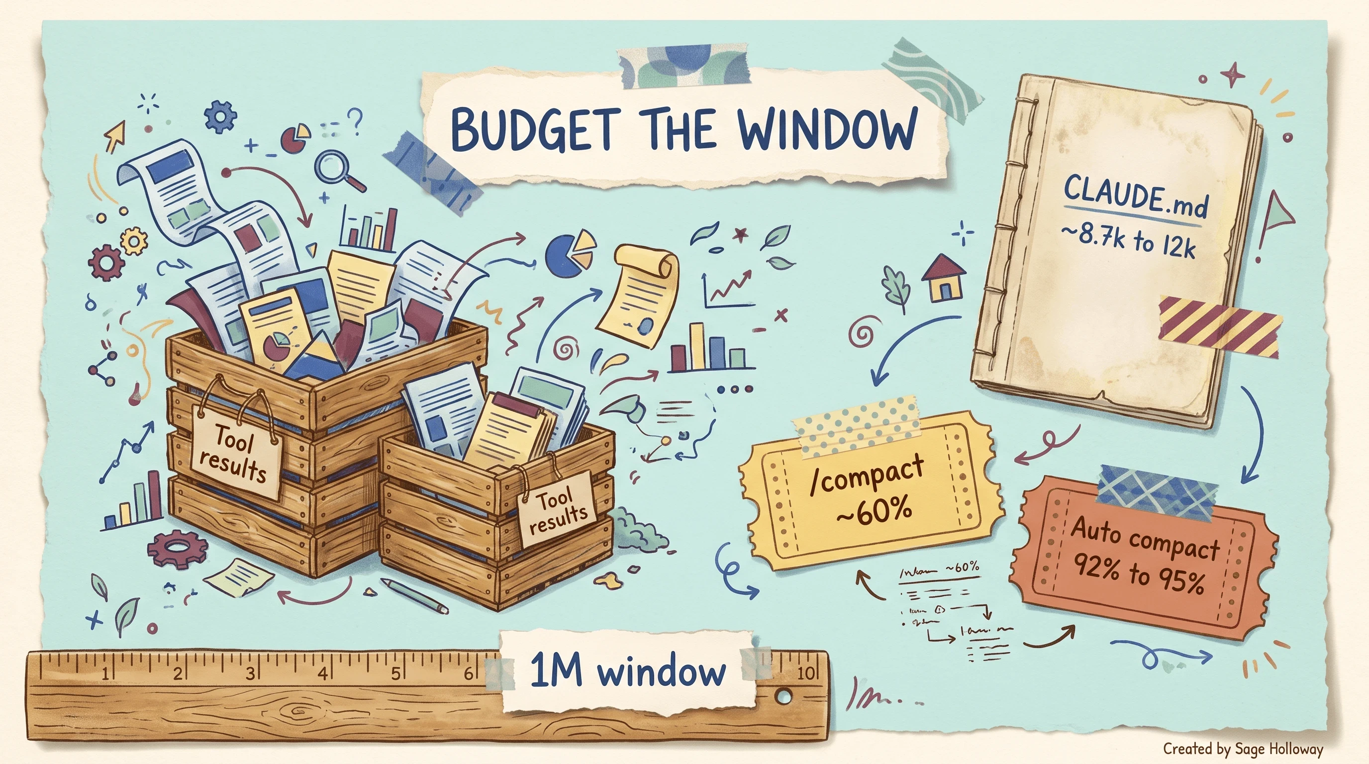Scrapbook diagram of Claude Code session token budgets showing tool-output crates versus a small CLAUDE.md booklet and /compact at 60 percent