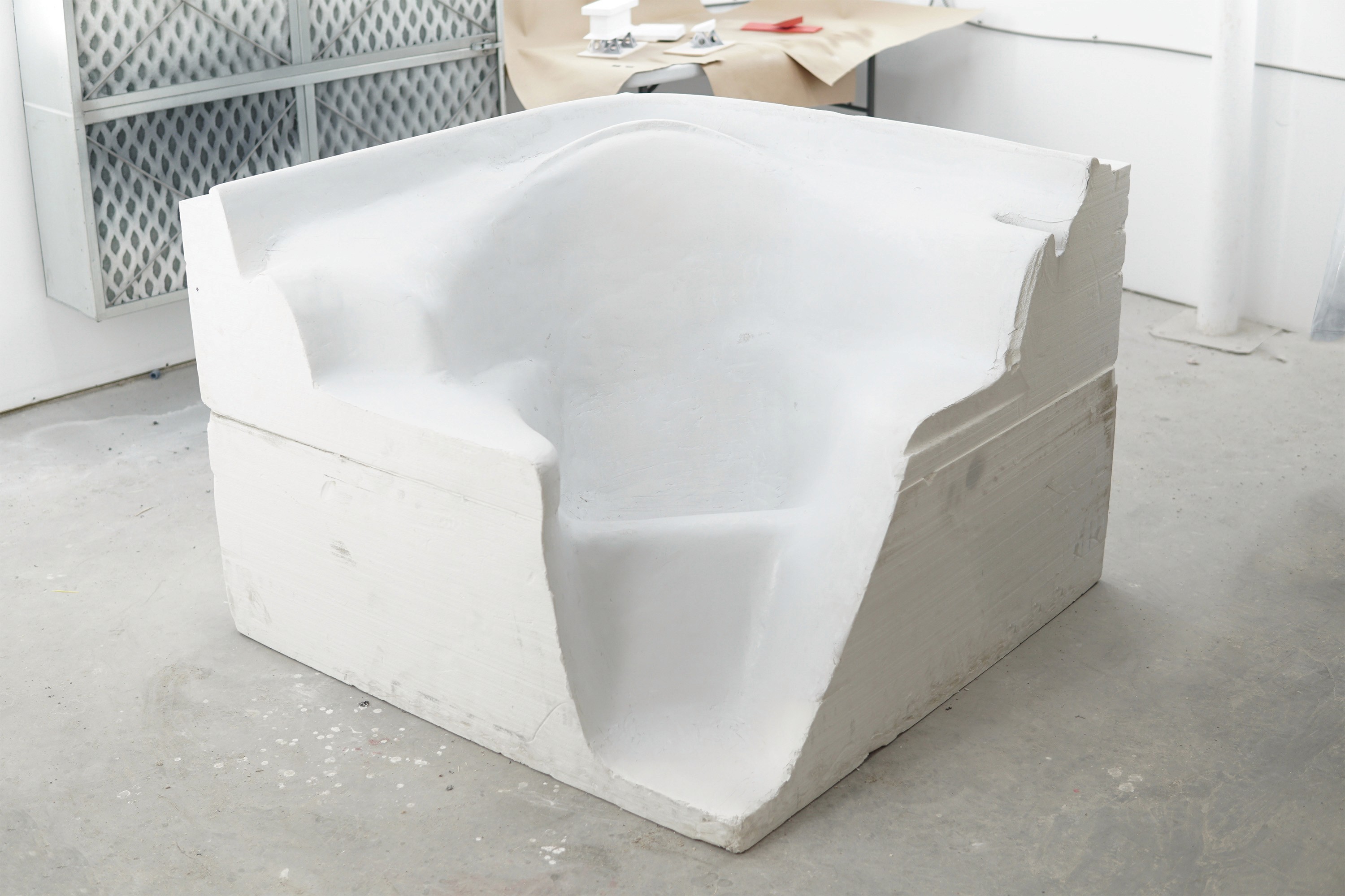Hot tub seat prototype in a shop