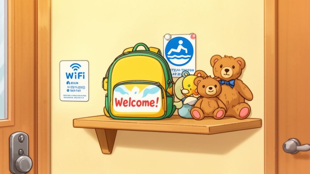 A cheerful shelf with a yellow backpack saying 'Welcome!', teddy bears, and signs, creating a friendly atmosphere.