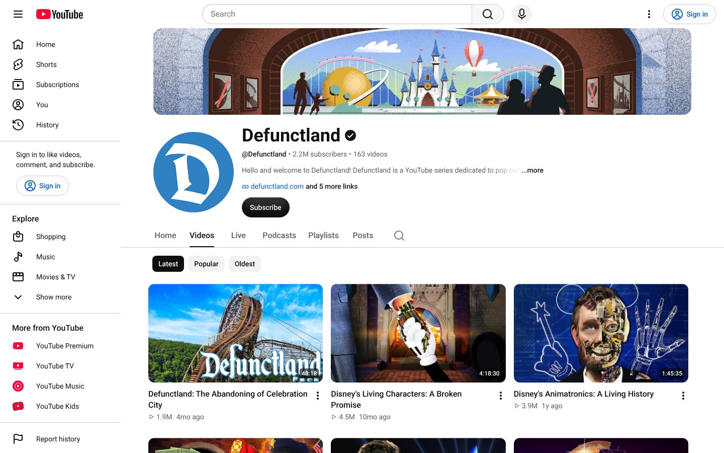 Defunctland channel page with documentaries on defunct theme park attractions