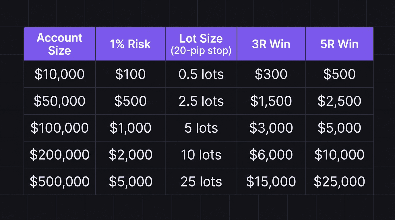 Comparison table showing 1% risk dollar amounts at five different account sizes with 3R and 5R win payouts