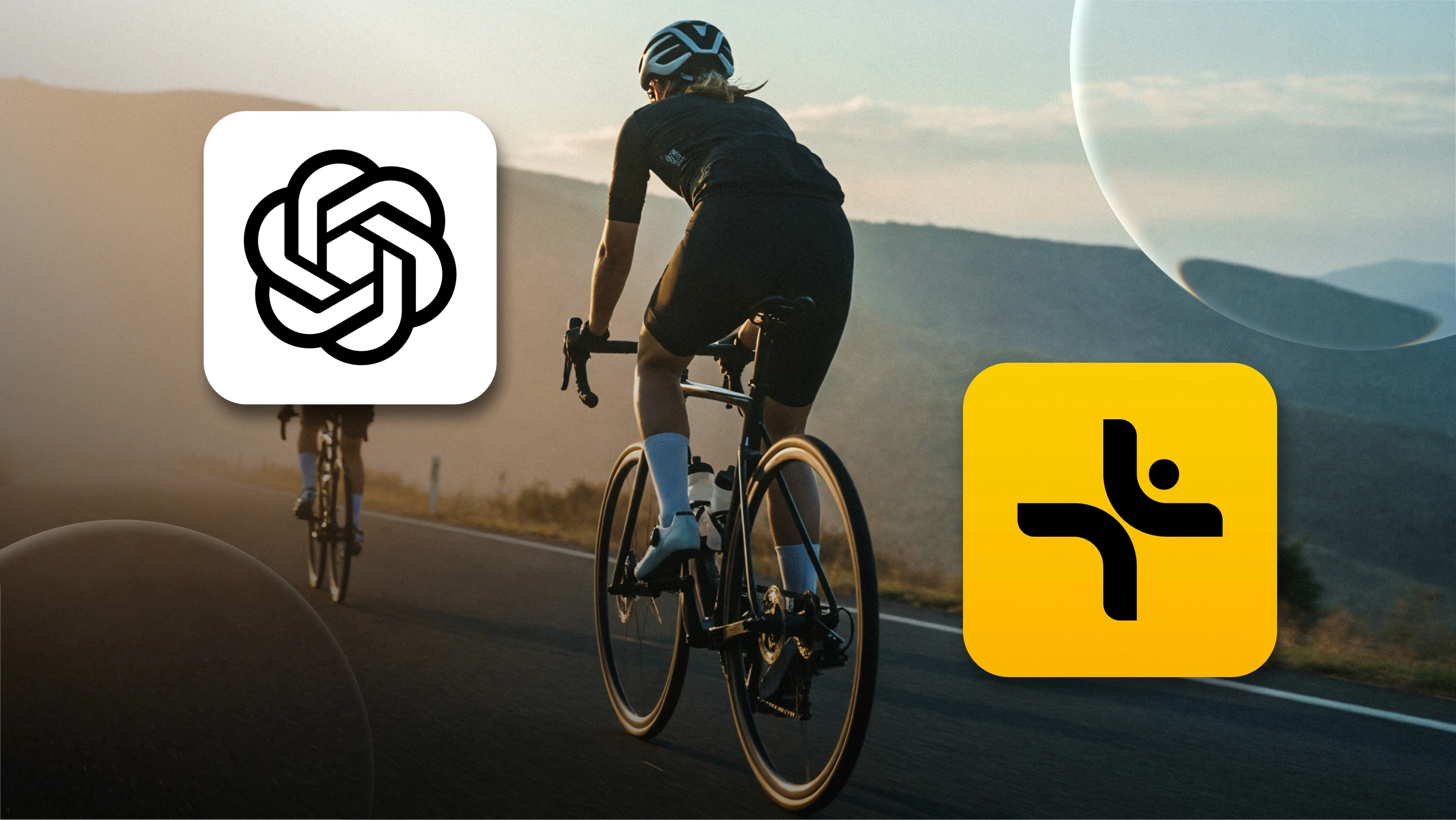 Two cyclists riding at sunset with the ChatGPT logo on the left and the Vekta logo on the right, representing the six-week AI coaching experiment published in Cycling Weekly.