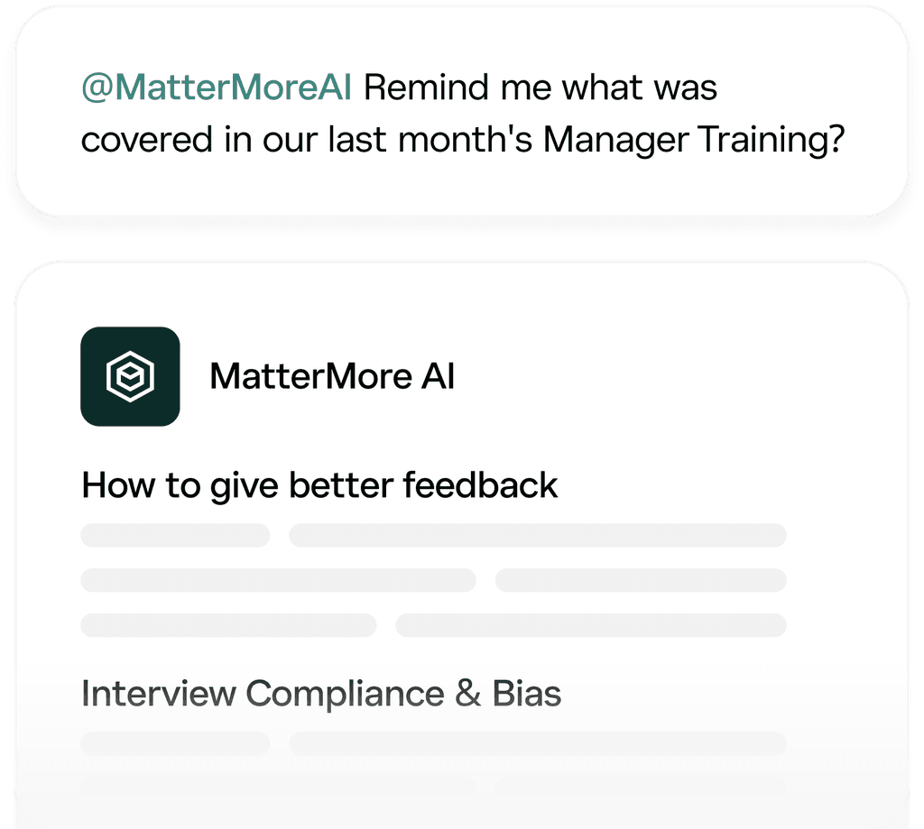 MatterMore AI reminder of last month's manager training: giving better feedback, interview compliance & bias.