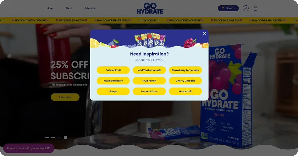 Interactive exit-intent quiz for Go Hydrate featuring flavor selection buttons to help visitors find the right product and prevent session abandonment