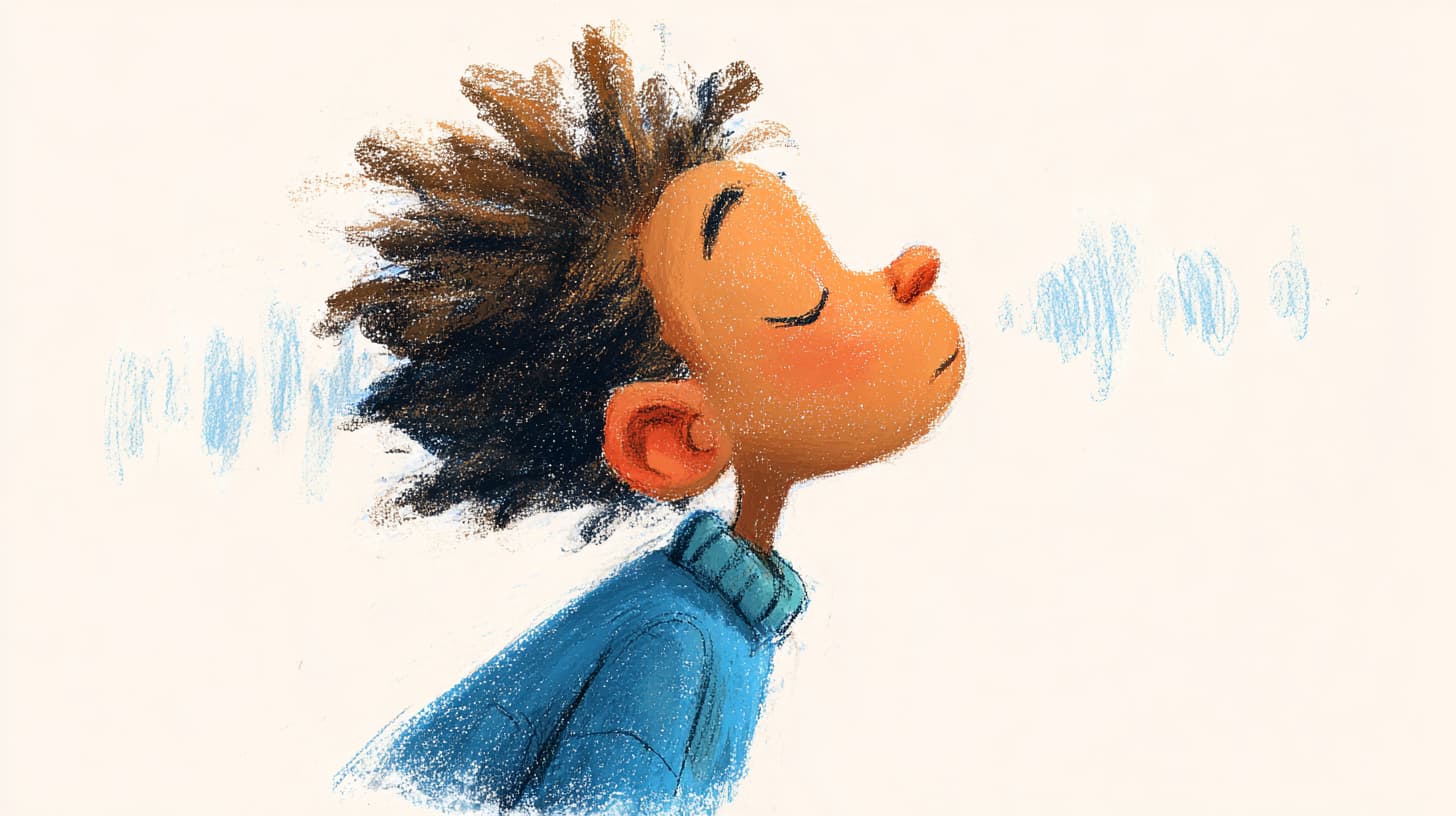 Illustration einer Person, die entspannt summt – sanfte Schallwellen umgeben sie, Augen geschlossen, friedlicher Gesichtsausdruck.