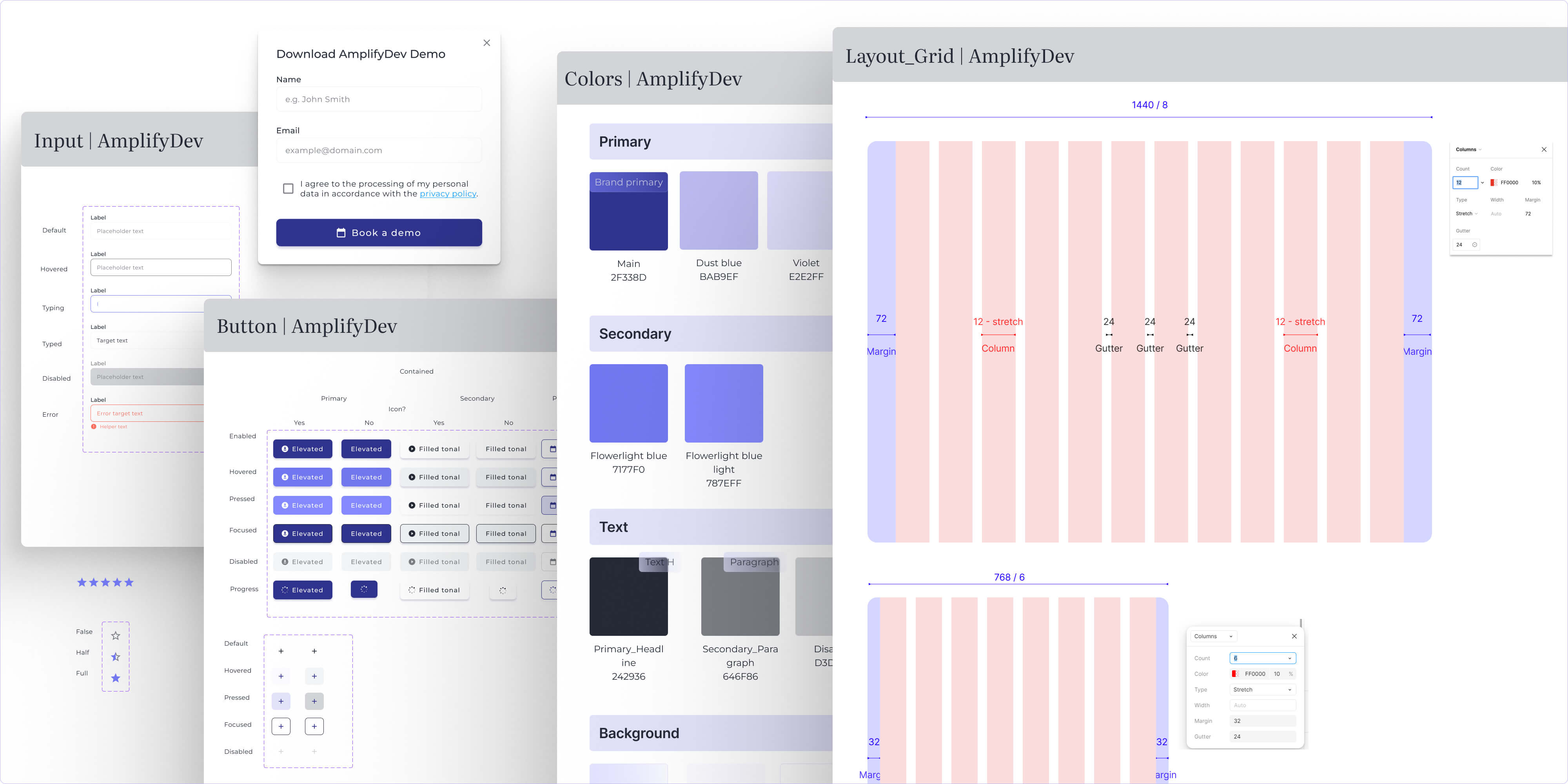 UI Kit for AmplifyDev showing atomic elements like typography, colors, buttons, cards, and components grouped by type.
