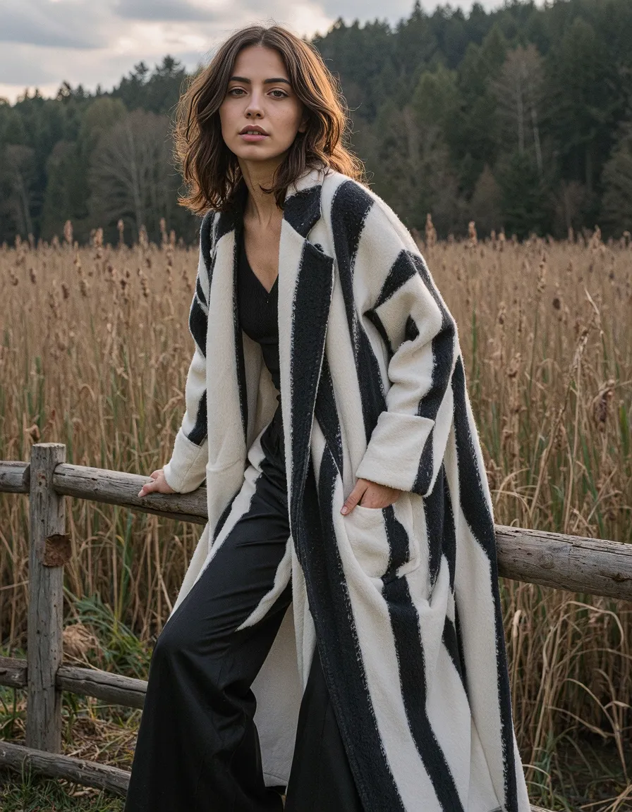 Stylish black and white striped coat against golden reeds with forest backdrop, moody autumn atmosphere and natural light.