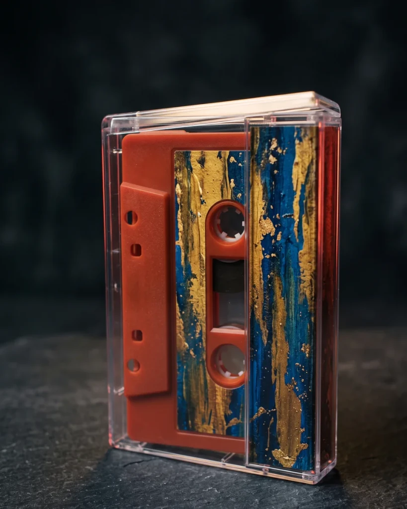 A tomato-red cassette in a clear case with the gold and blue «Harbour Lights» art