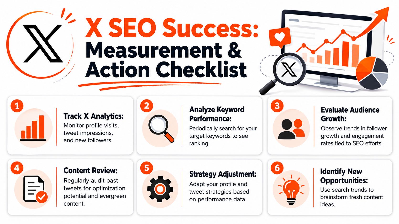 A six-step infographic checklist detailing strategies for measuring and improving SEO performance on X, formerly Twitter.