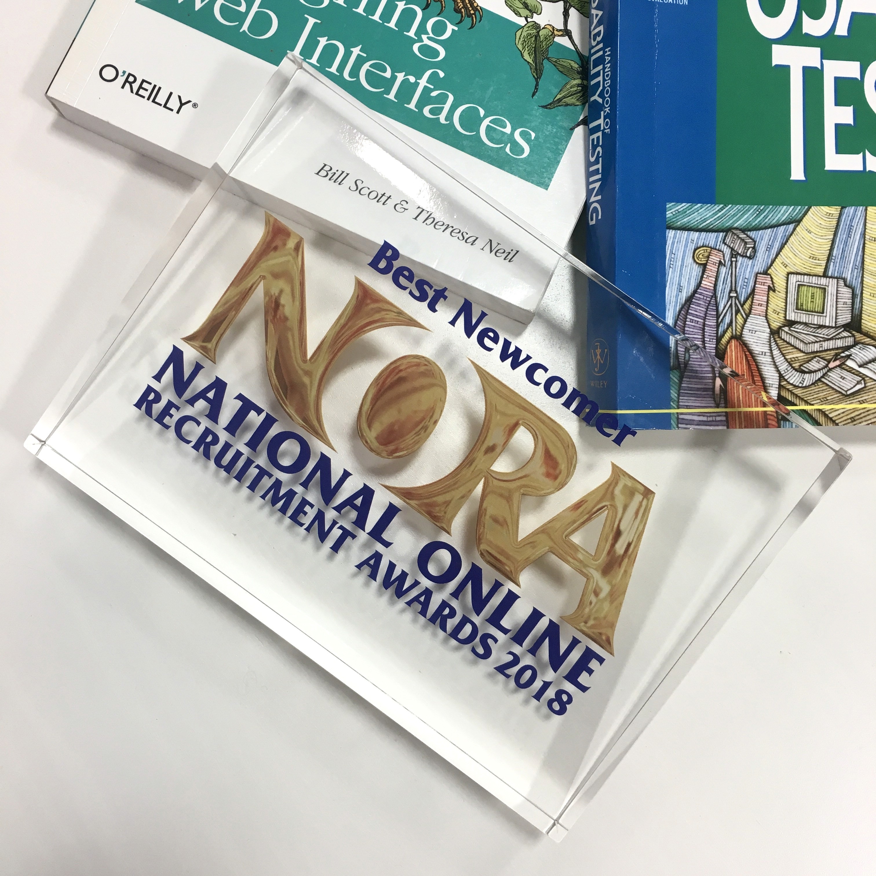 Best newcomer Nora national online recruitment awards 2018. Painted heavy glass rectangle