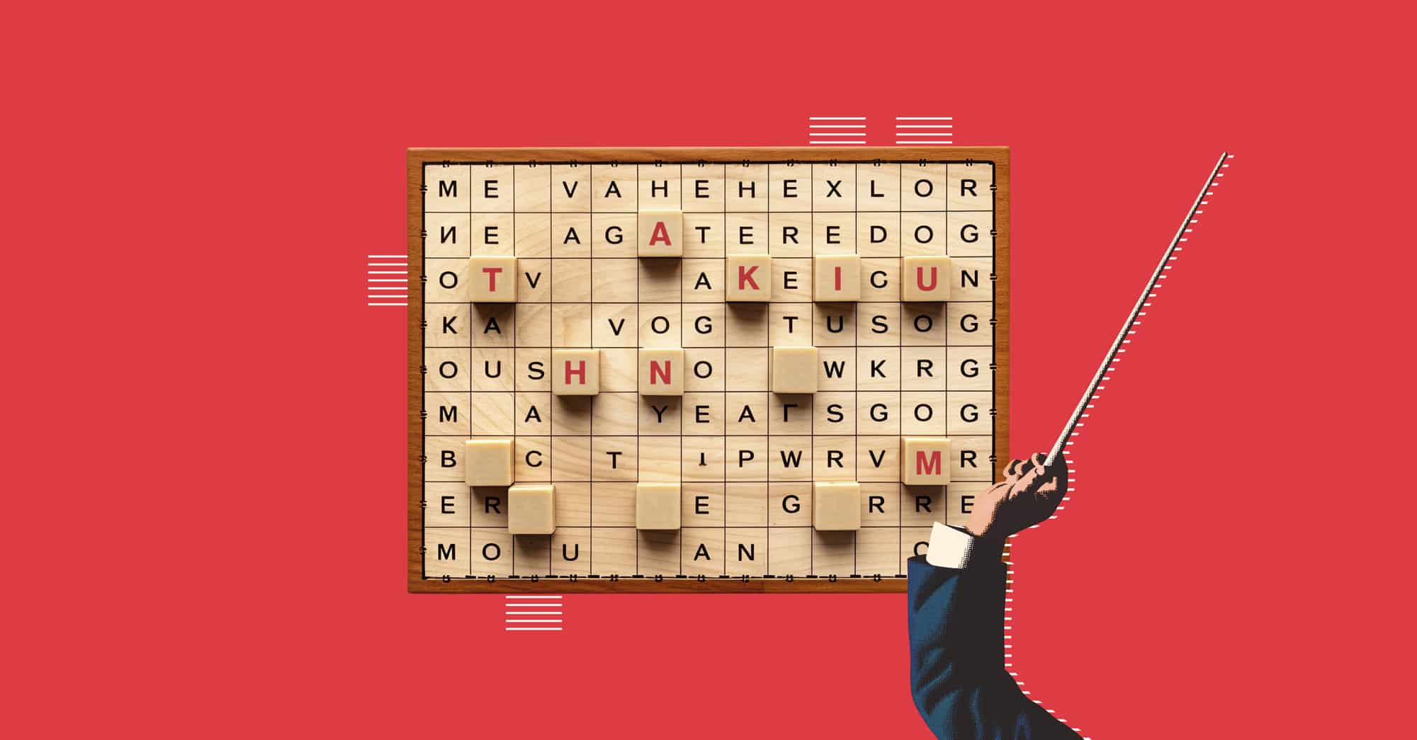 Crucigrama de palabras en tablero de madera con fondo rojo y mano señalando con vara.