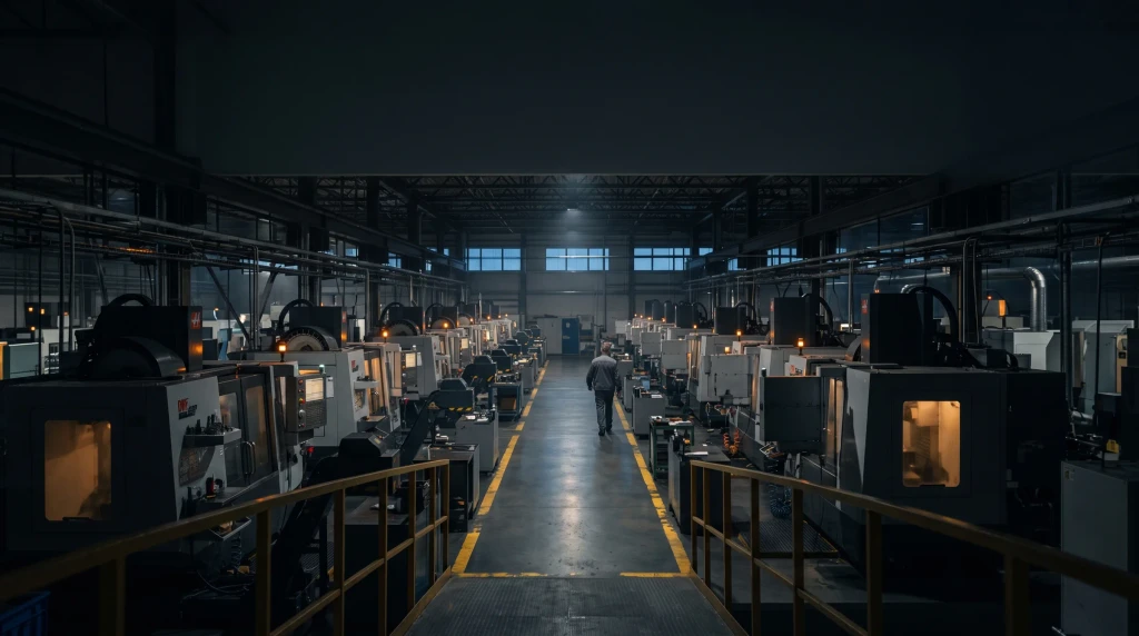 A long aisle of the plant with one worker walking it