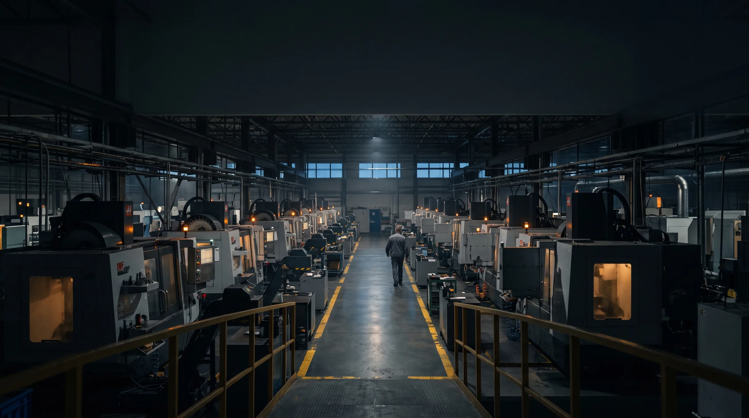 The main aisle of the machine hall at night, one worker walking it