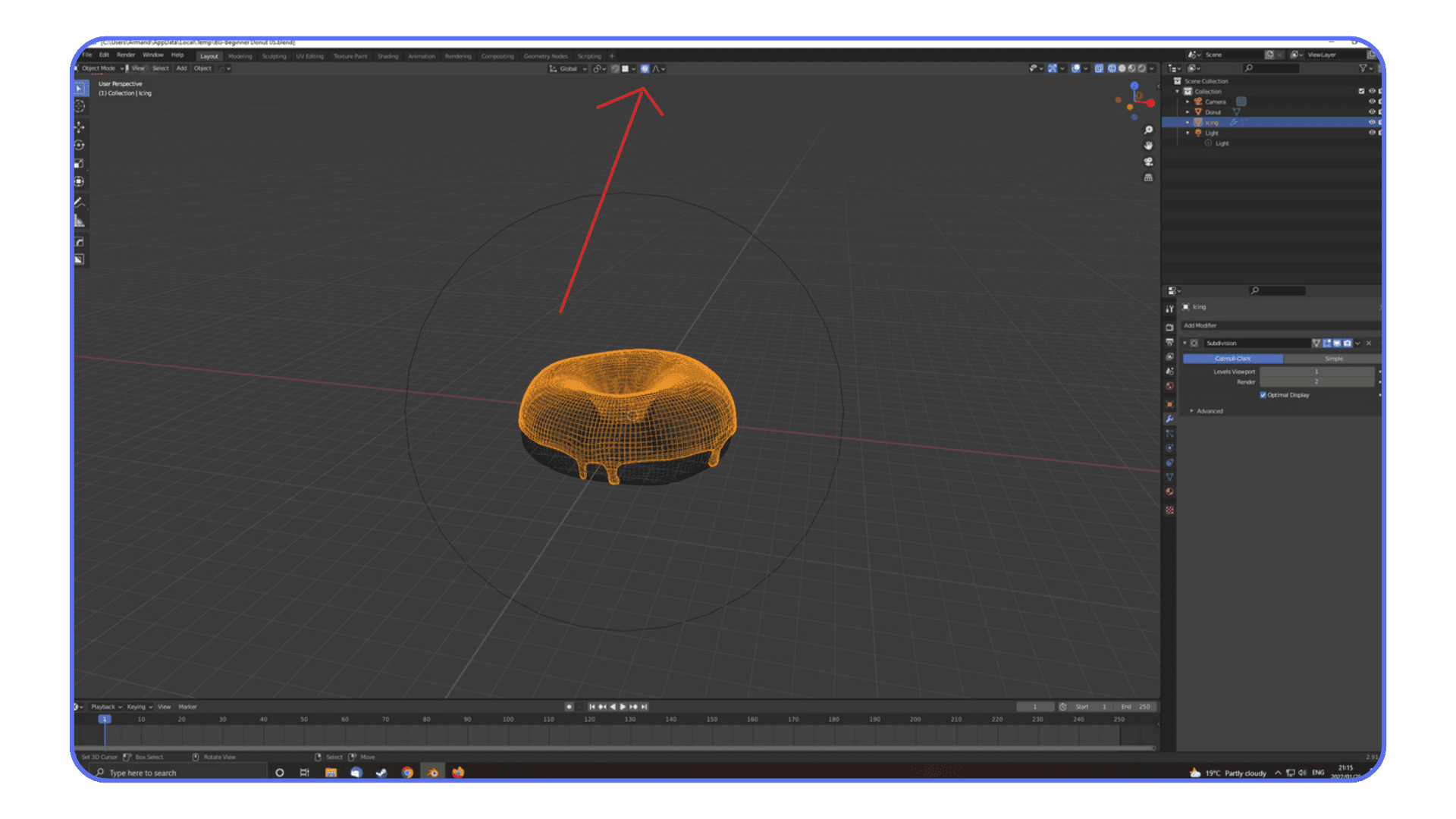Blender viewport showing a selected mesh with proportional editing radius enabled