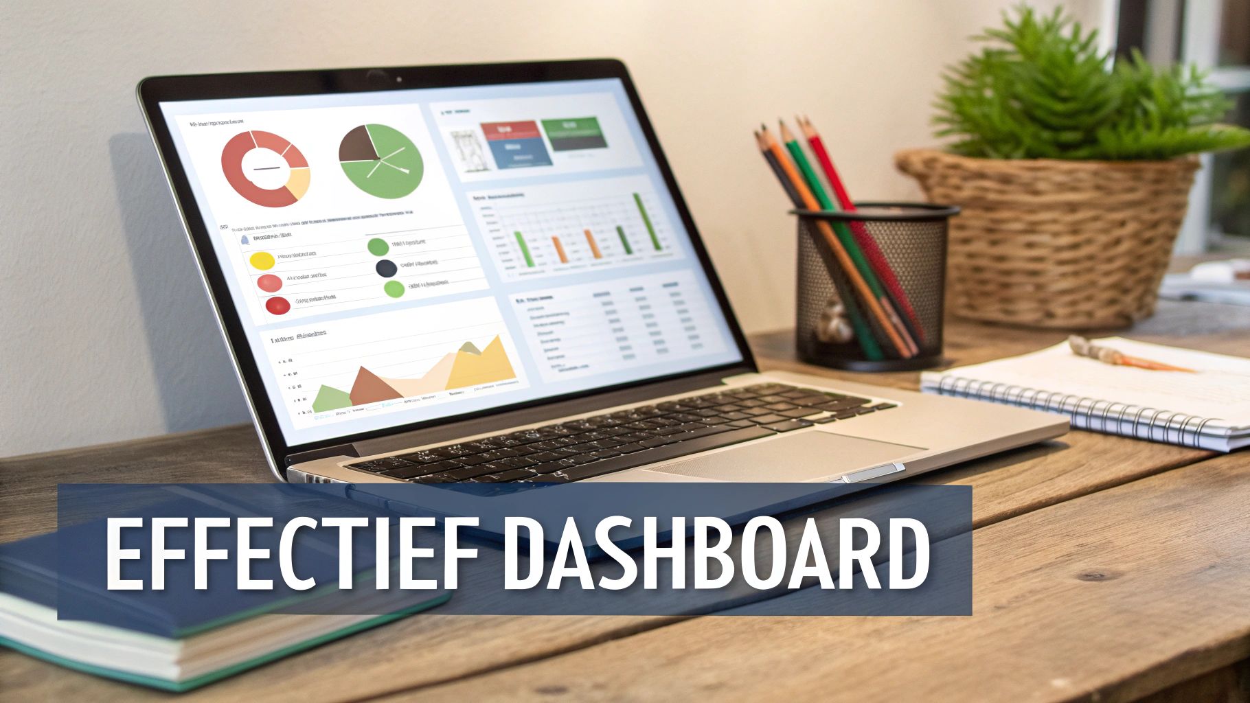 Een laptop toont een effectief dashboard met diverse grafieken en gegevens op een houten bureau.
