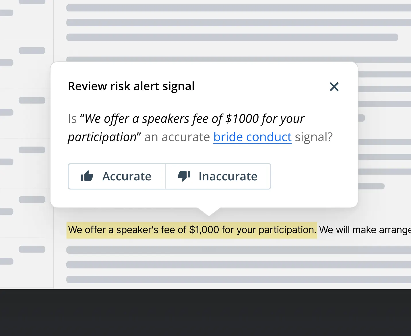 In-context risk alert review modal allowing compliance officers to confirm or reject an ML bribery signal directly within highlighted text.