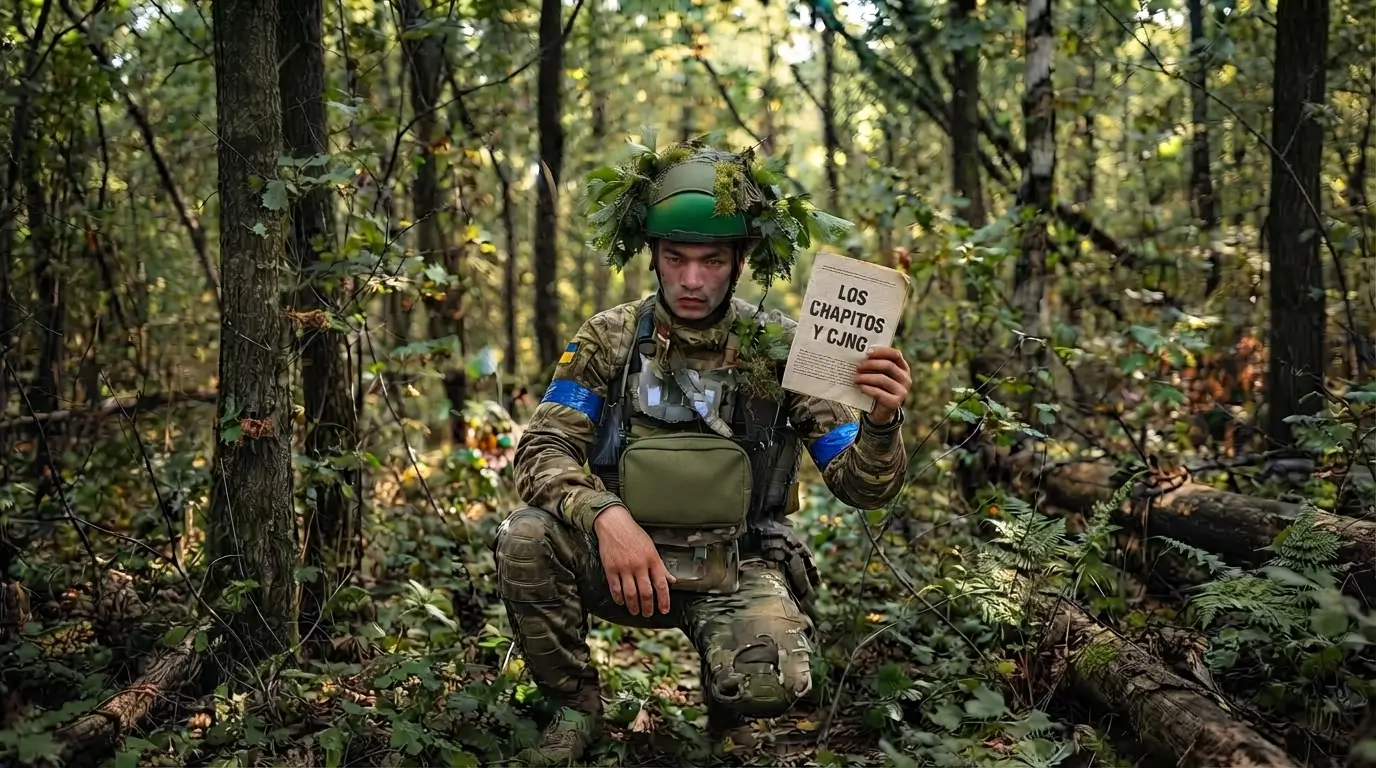 A detailed portrait of an alleged Mexican cartel member in camouflage, holding a notebook with the text 'Los Chapitos y CJNG' while kneeling in Ukraine.