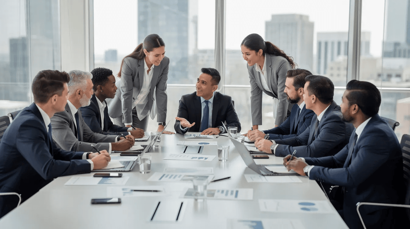 A diverse group of professionals, including a financial advisor and a certified financial planner, is gathered around a conference table, discussing documents related to retirement planning and investment strategies. This meeting emphasizes the importance of choosing the right advisor for informed financial decisions and achieving long-term financial stability.