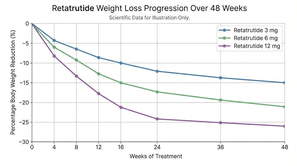 Retatrutide weight loss results by dose over 48 weeks from clinical trial data
