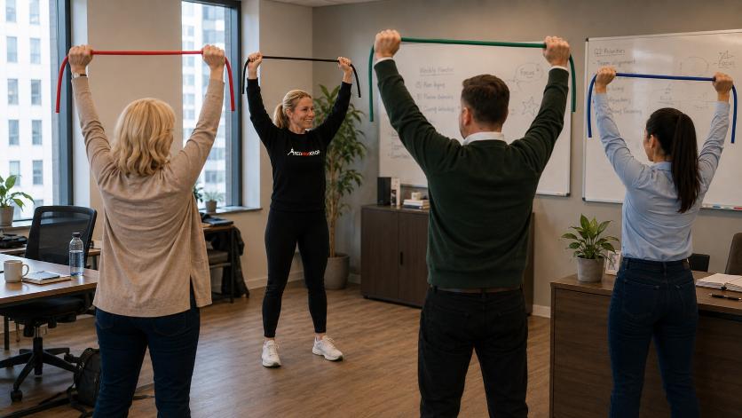 RedMinKrop instruktør guider medarbejdere i elastiktræning på arbejdspladsen med træningselastikker for bedre trivsel og sundhed på arbejdspladsen.