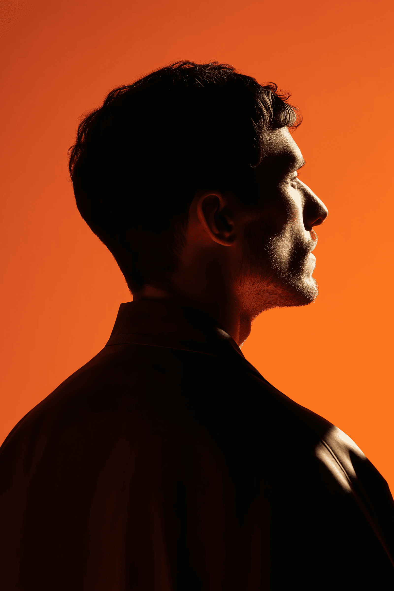 Side portrait of a man in warm orange lighting looking to the right