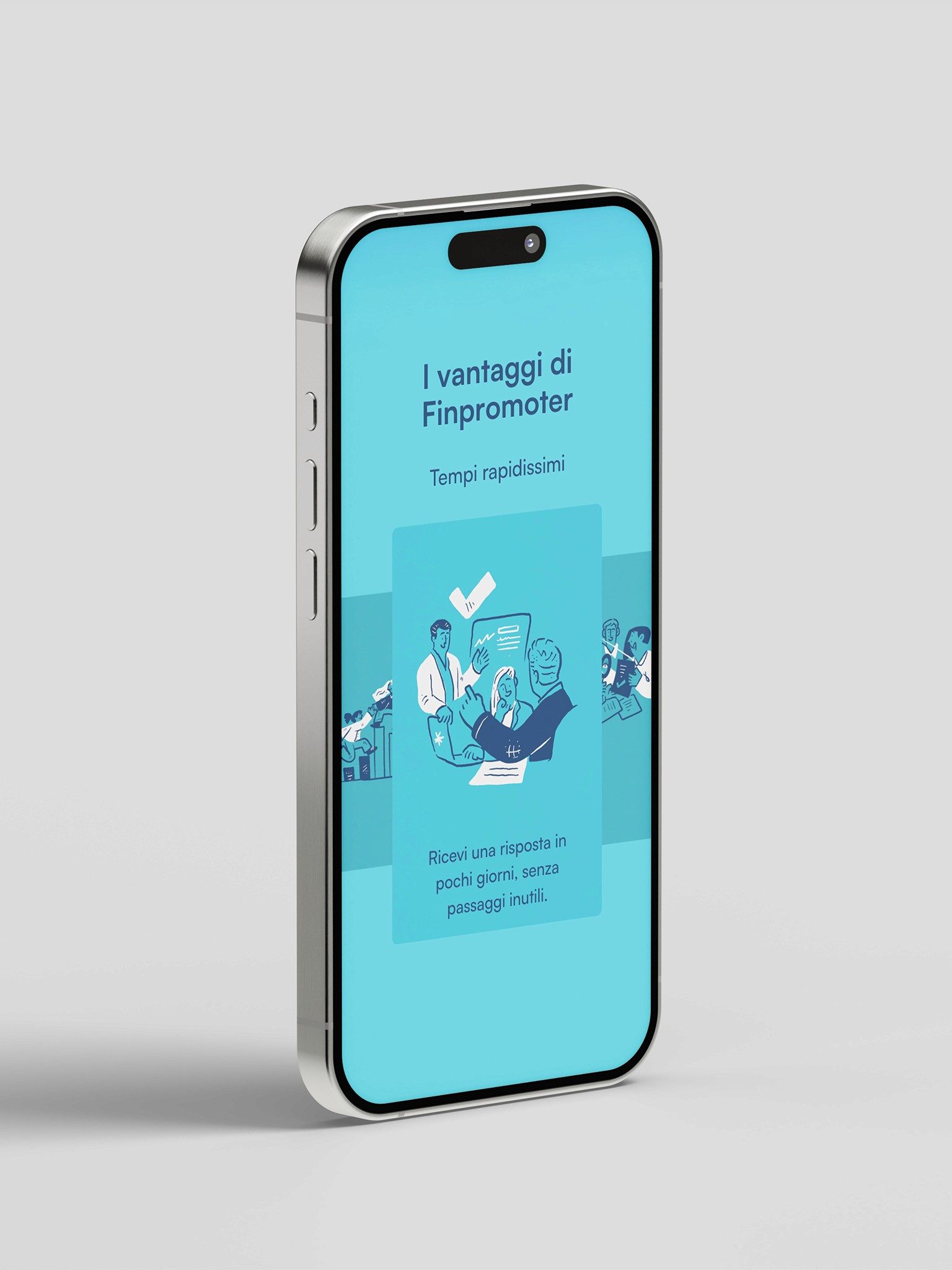 Uno smartphone che mostra il sito web di Finpromoter intitolato "I vantaggi di Finpromoter". L'illustrazione mostra un gruppo di persone che discutono della documentazione, con testo in italiano: "Ricevi una risposta in pochi giorni, senza passaggi inutili."