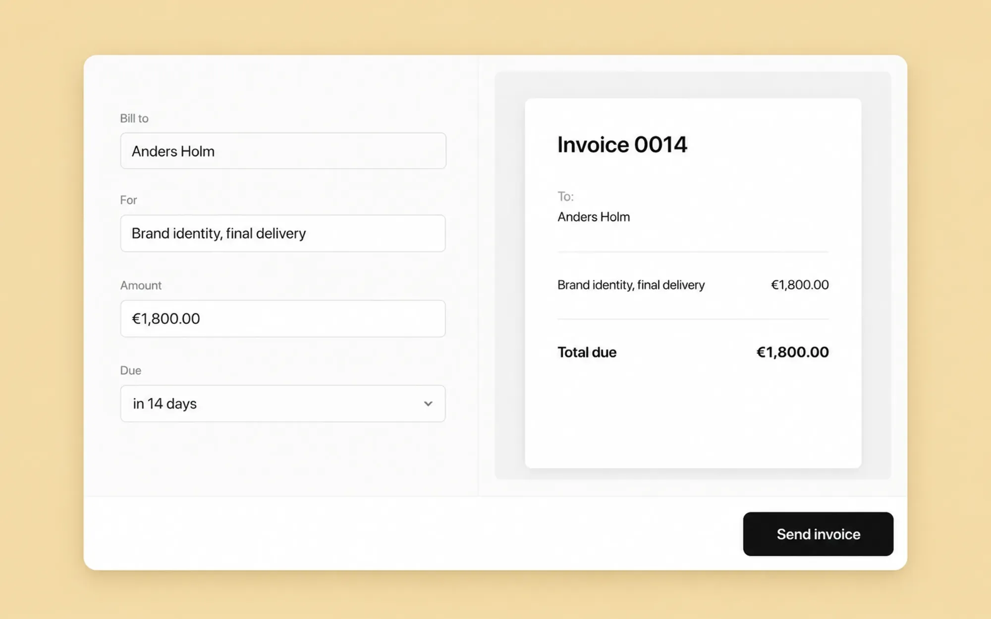 The Tally invoice editor in a browser window on a butter-yellow background: a form on the left for client, description and amount, and a live PDF preview of invoice 0014 for €1,800 on the right.