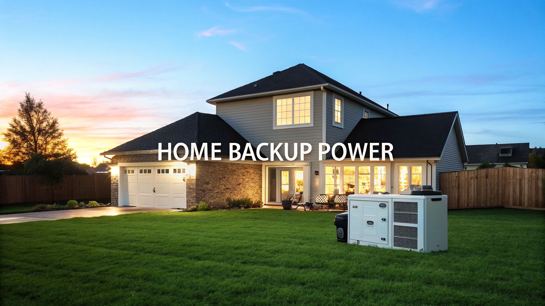 a text line reading 'home backup power' with a well lit, large home in the background