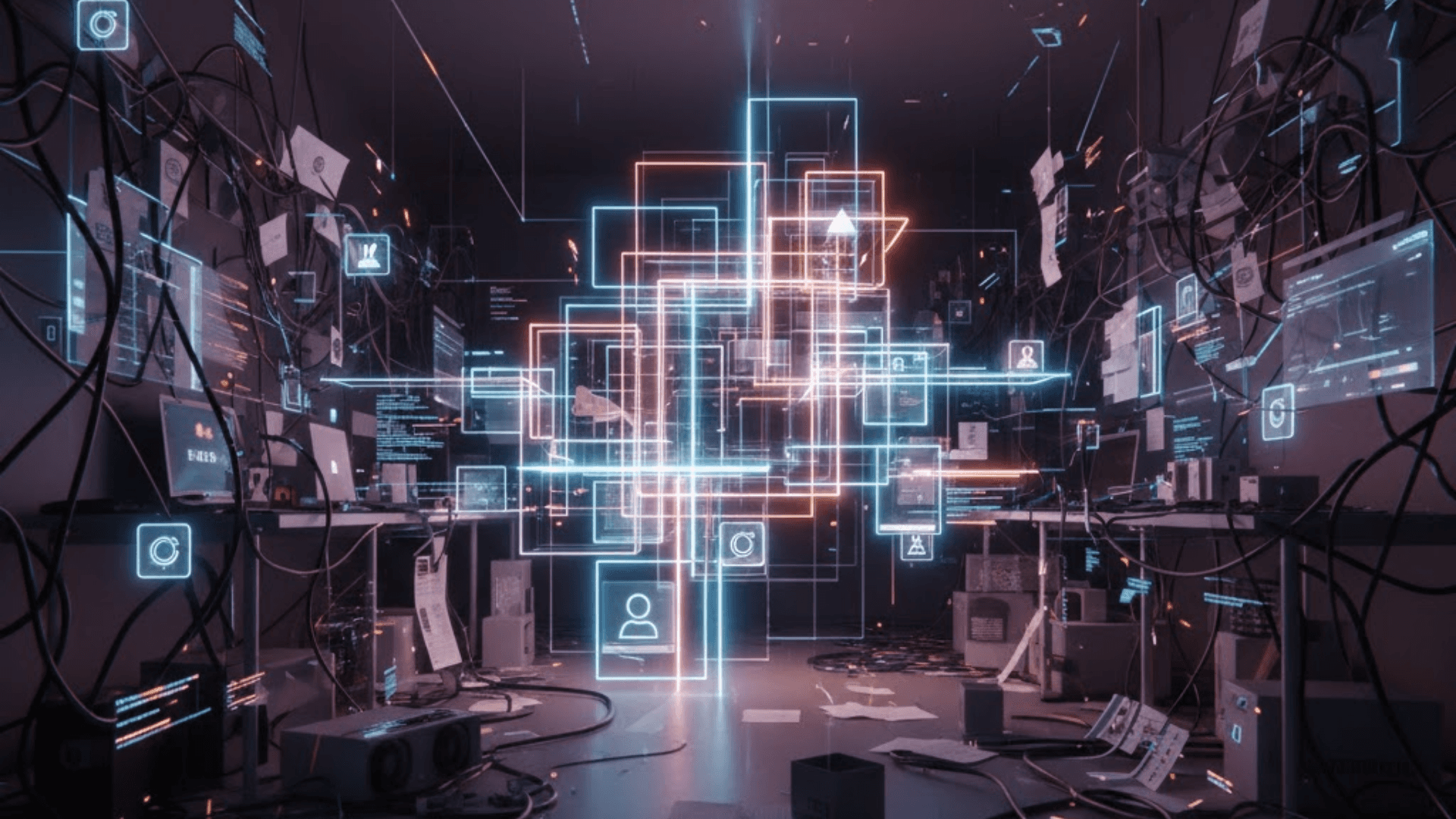 A cinematic tech illustration in 1920x1080 landscape, visualizing the transition from digital chaos to structured organization. A dark, cluttered workspace filled with tangled wires, scattered papers, and fragmented digital elements represents initial disorder and confusion. In the center, a clean, glowing framework of neon blue and orange geometric squares emerges, symbolizing the implementation of a logical system and the "Aha!" moment of clarity. The high-contrast lighting draws the eye toward the central structure, representing the power of organizational software to resolve complex workflows.