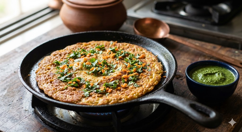 A close-up photograph of a golden-brown, crispy Moong Dal Chilla garnished with fresh coriander and grated carrots on a cast iron pan, with green chutney on the side.