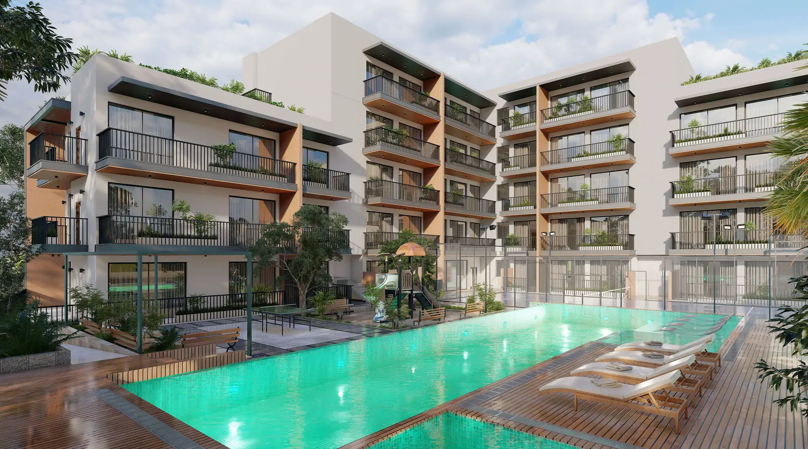 Resort-style infinity pool at Park Lane 2 JVC Dubai offering luxury leisure amenities. Invest in Dubai property and pay with crypto on Tylt Real Estate.