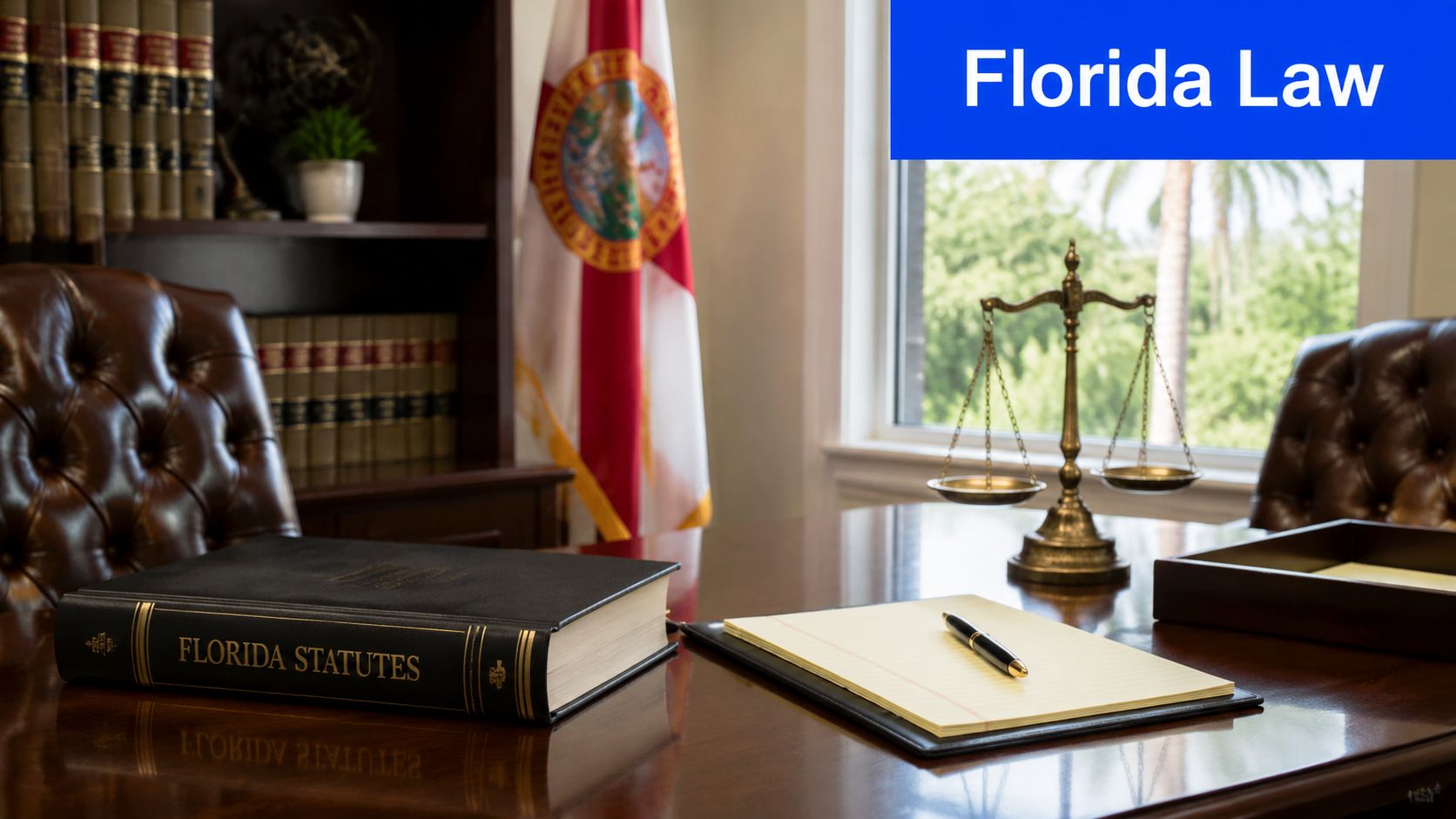 A professional law office setting featuring Florida Statutes, a legal scale, and a Florida state flag.