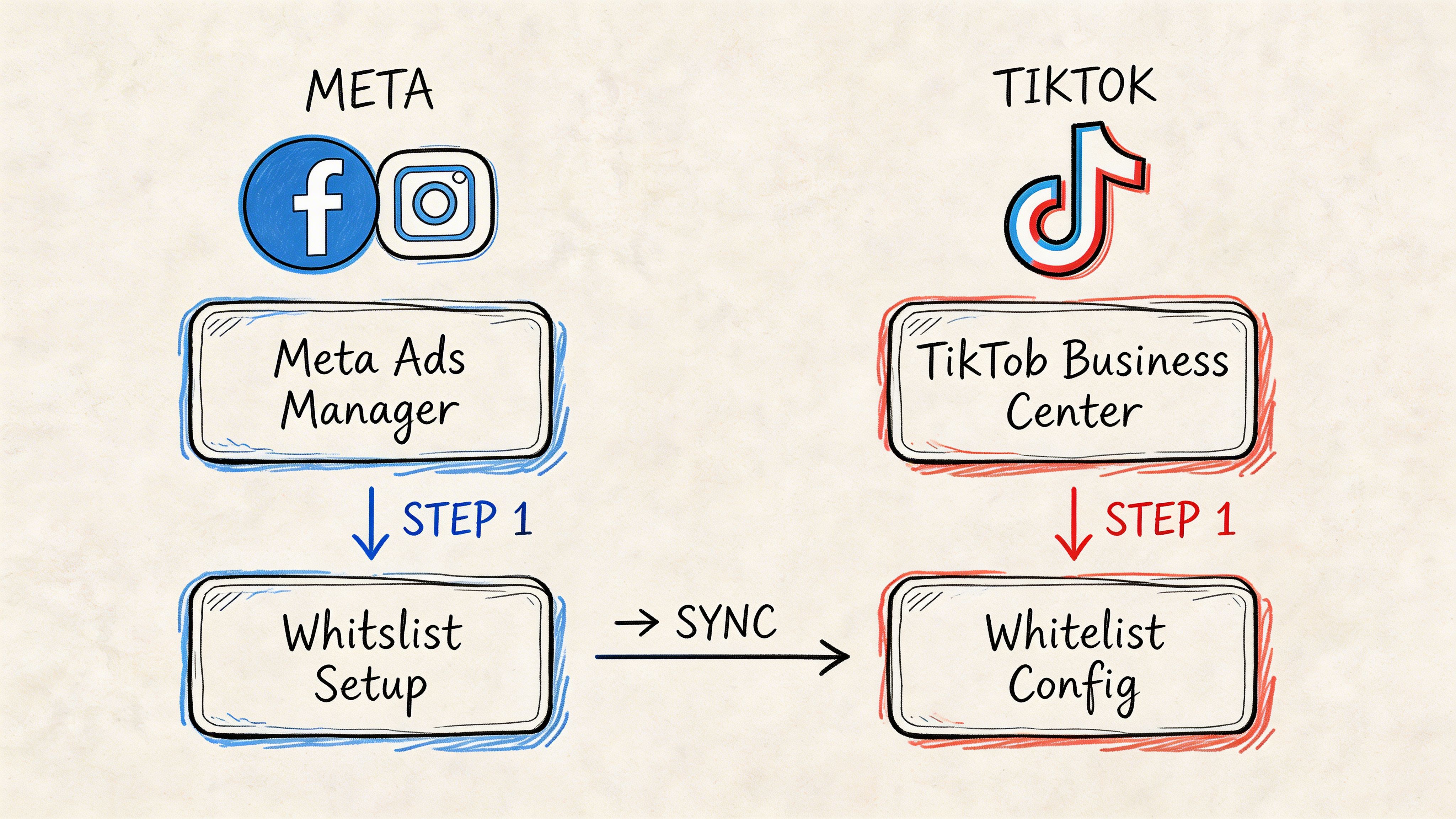 A diagram illustrating the sync process between Meta Ads Manager and TikTok Business Center for influencer whitelisting.
