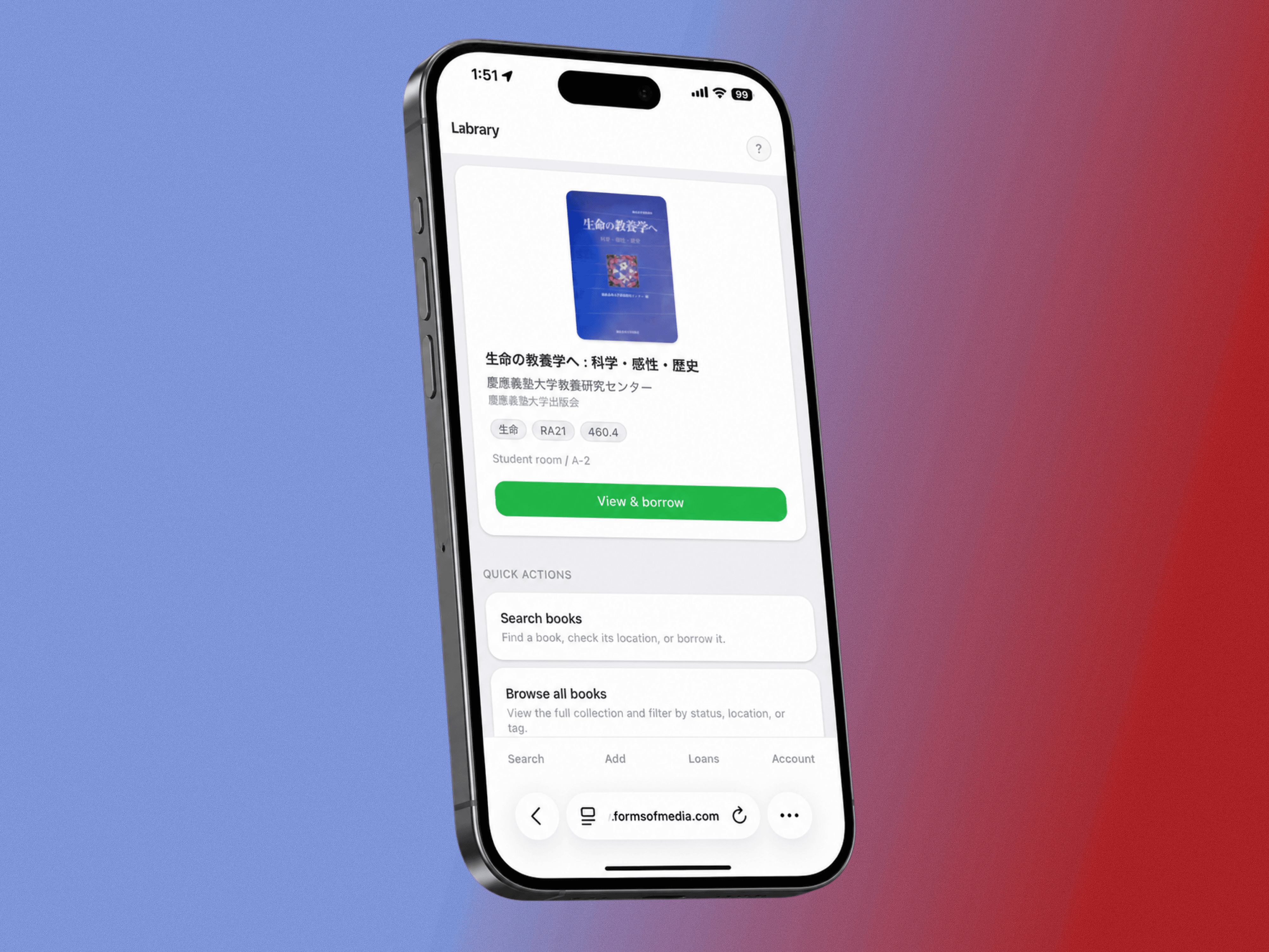 iPhone mockup of a mobile library management web app, showing a featured book, borrowing option, and navigation for search, books, loans, and account.